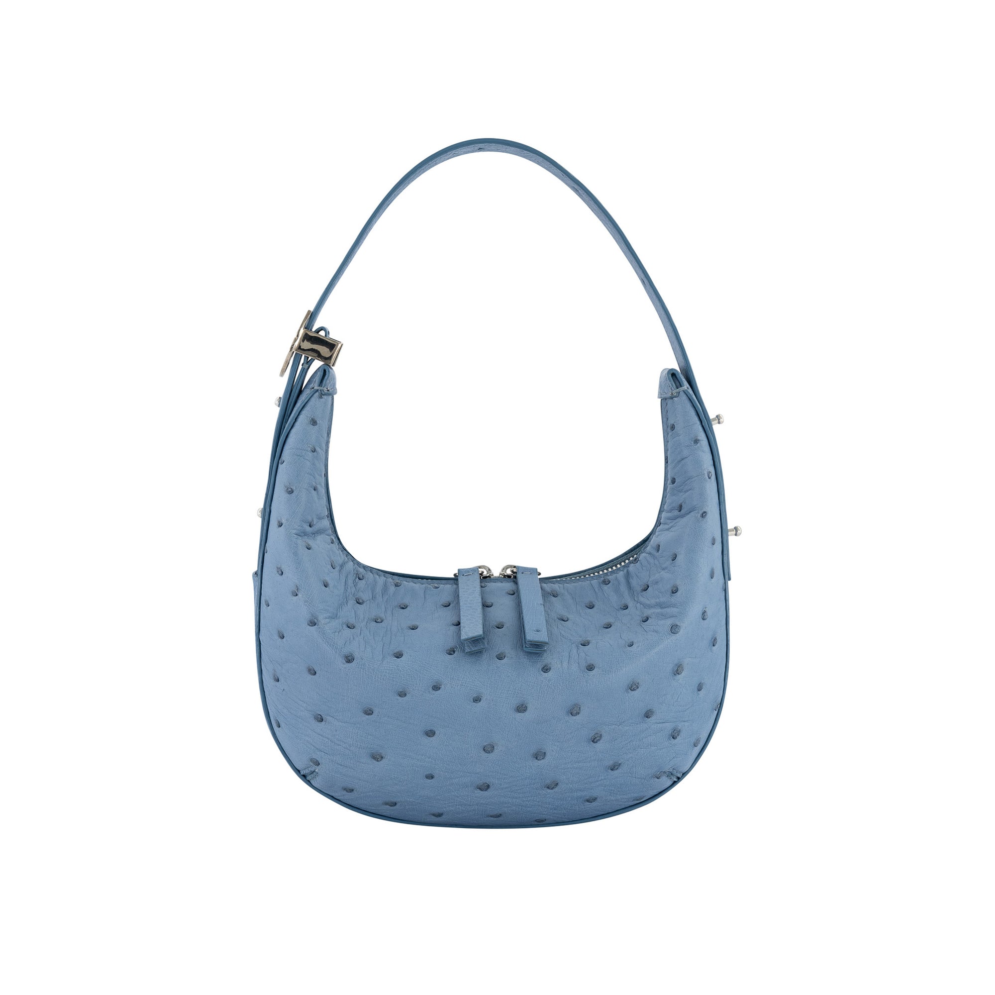 Blue handbag with a ostrich-textured pattern on a white background