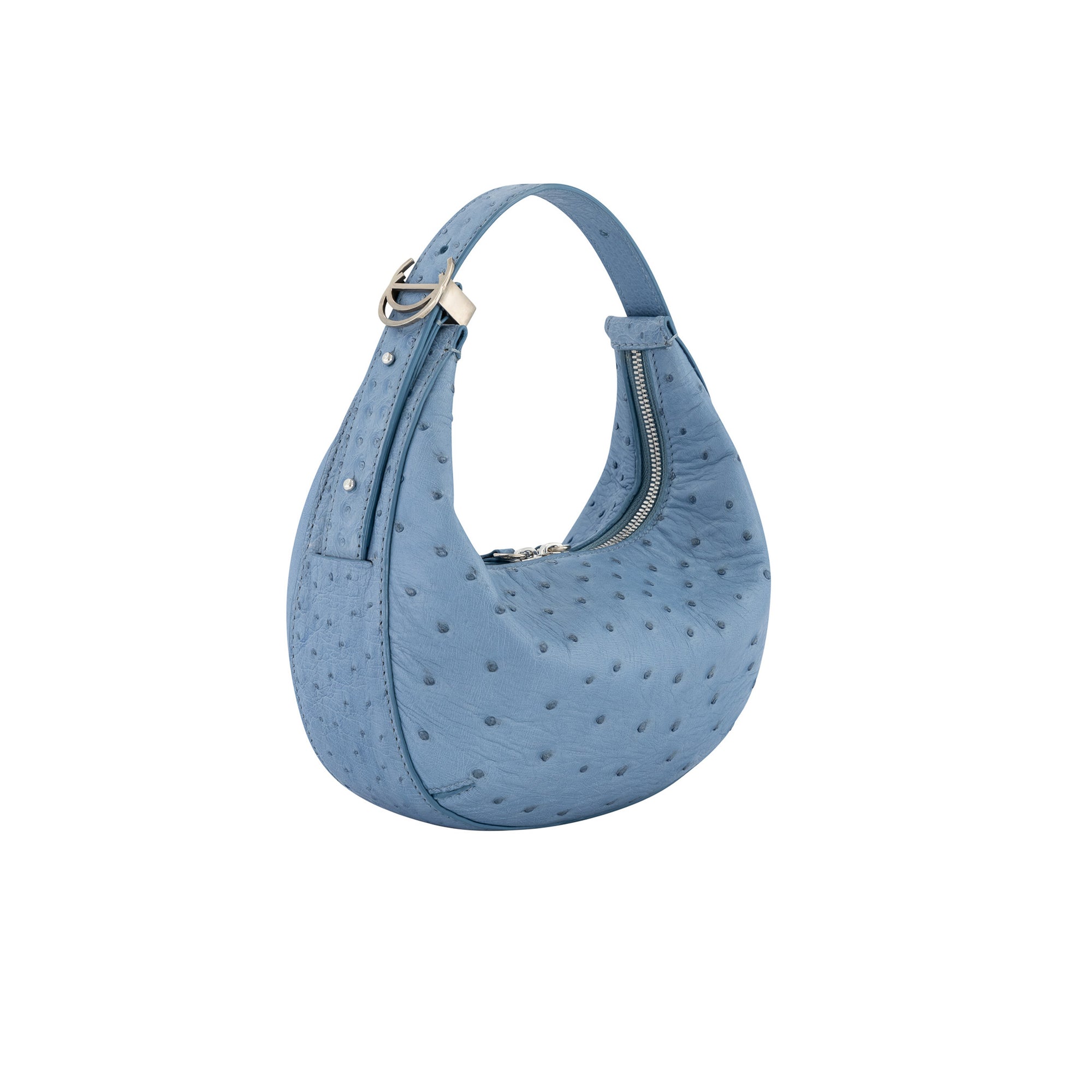 Blue handbag with a ostrich-textured pattern on a white background