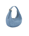Blue handbag with a ostrich-textured pattern on a white background