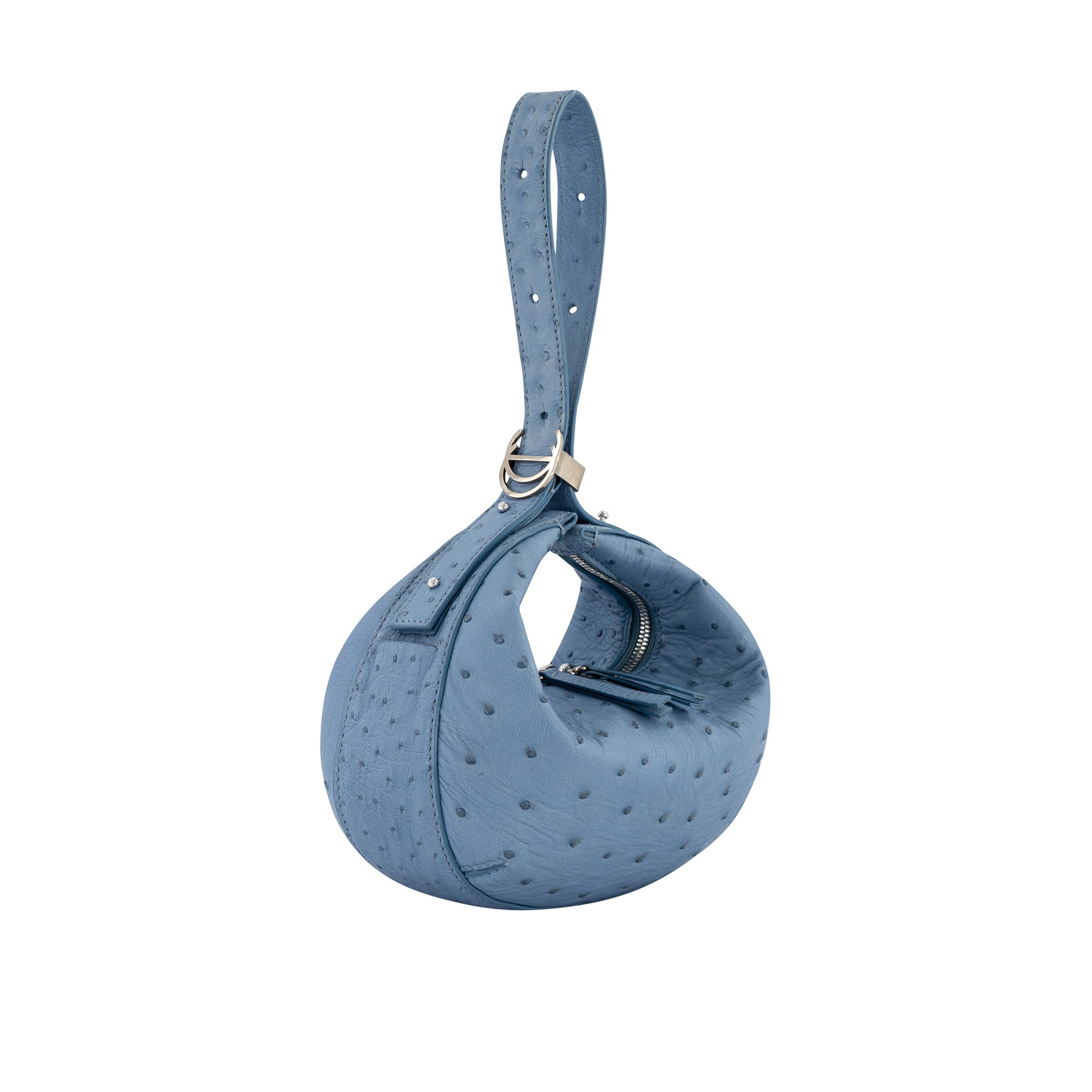 Blue handbag with a ostrich-textured pattern on a white background