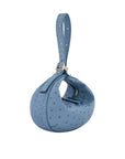 Blue handbag with a ostrich-textured pattern on a white background