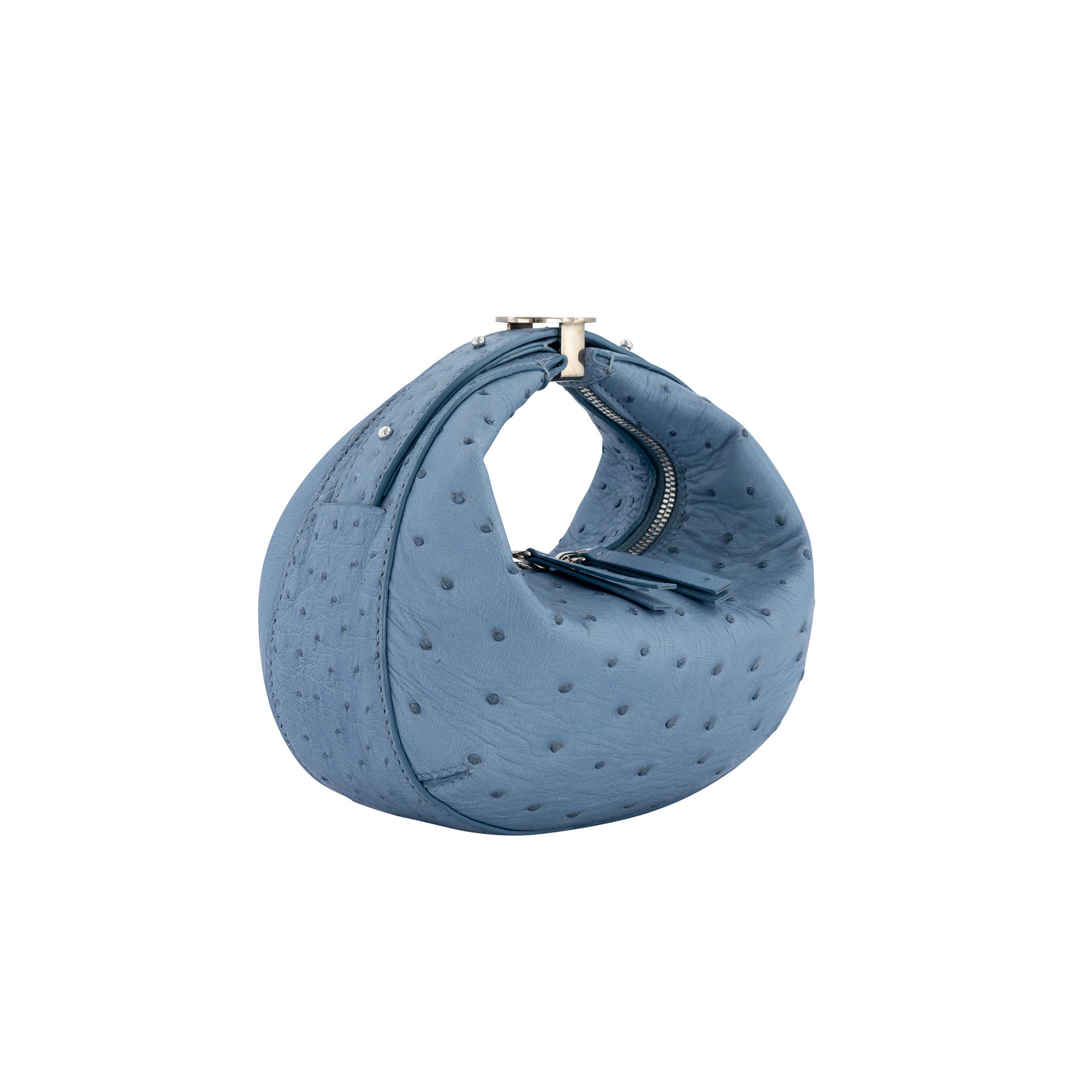 Blue handbag with a ostrich-textured pattern on a white background
