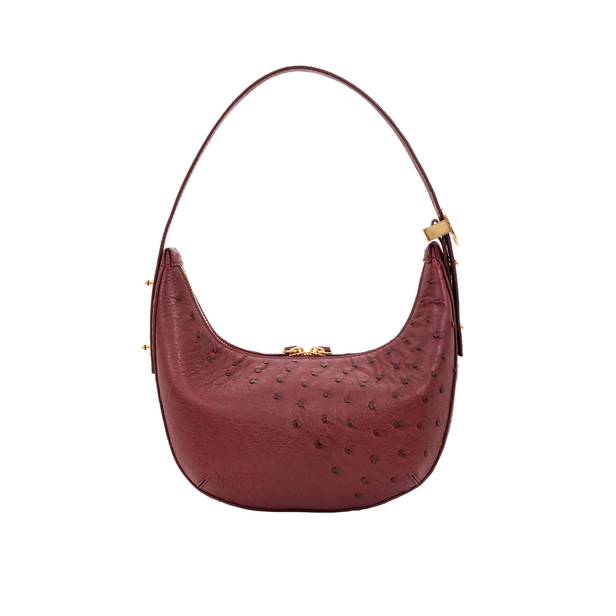 Maroon ostrich-textured handbag with gold zipper on a white background