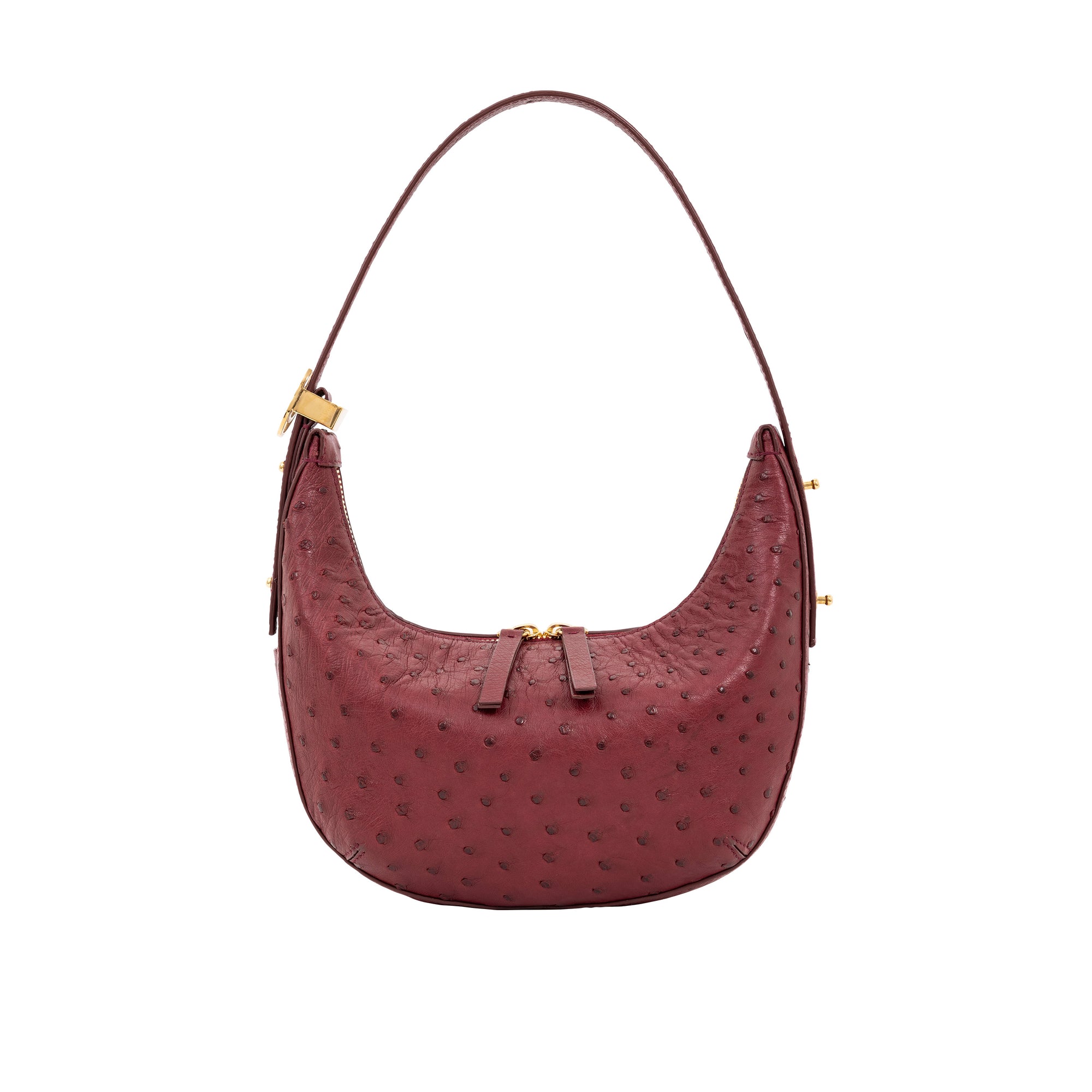 Maroon ostrich-textured handbag with gold zipper on a white background