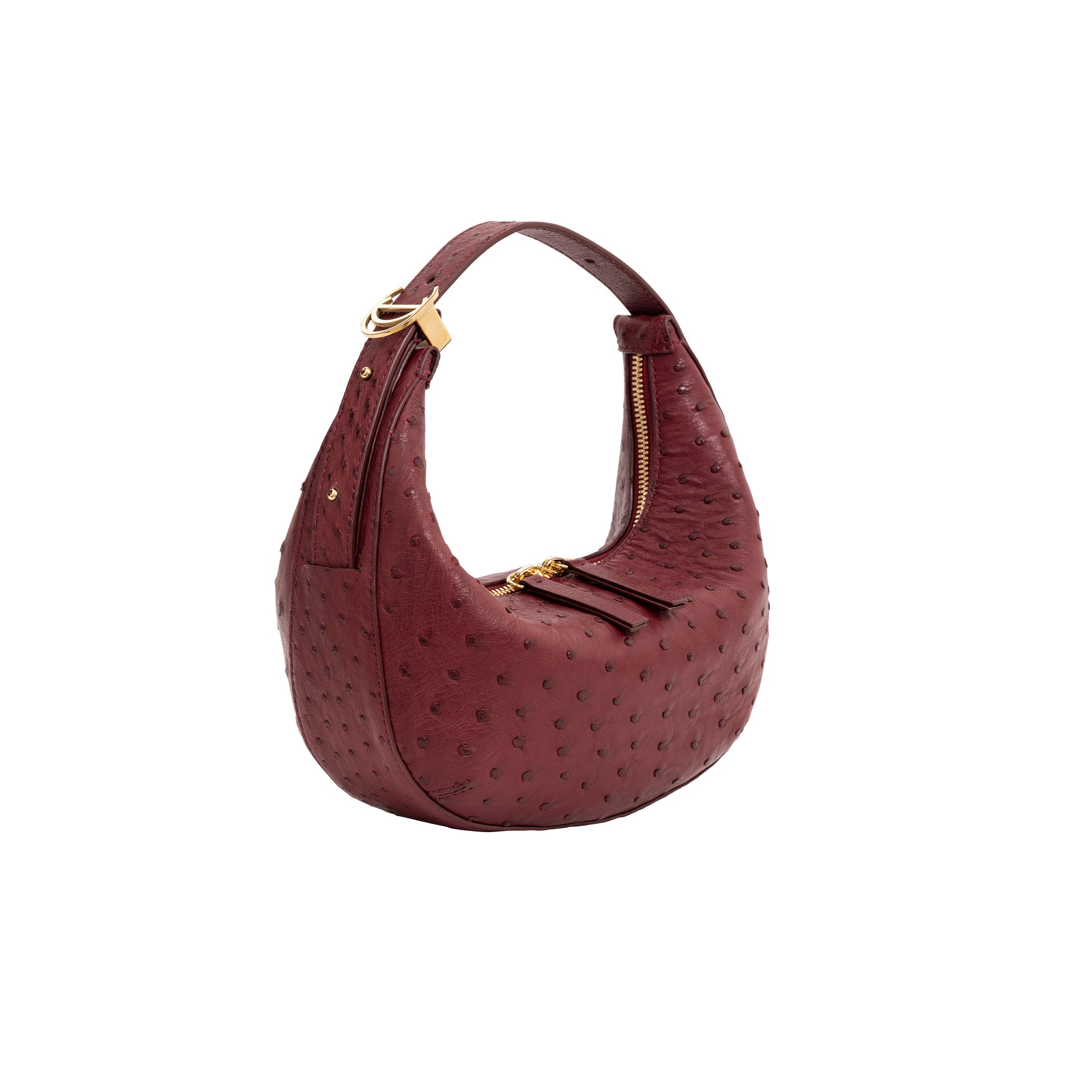 Maroon ostrich-textured handbag with gold zipper on a white background