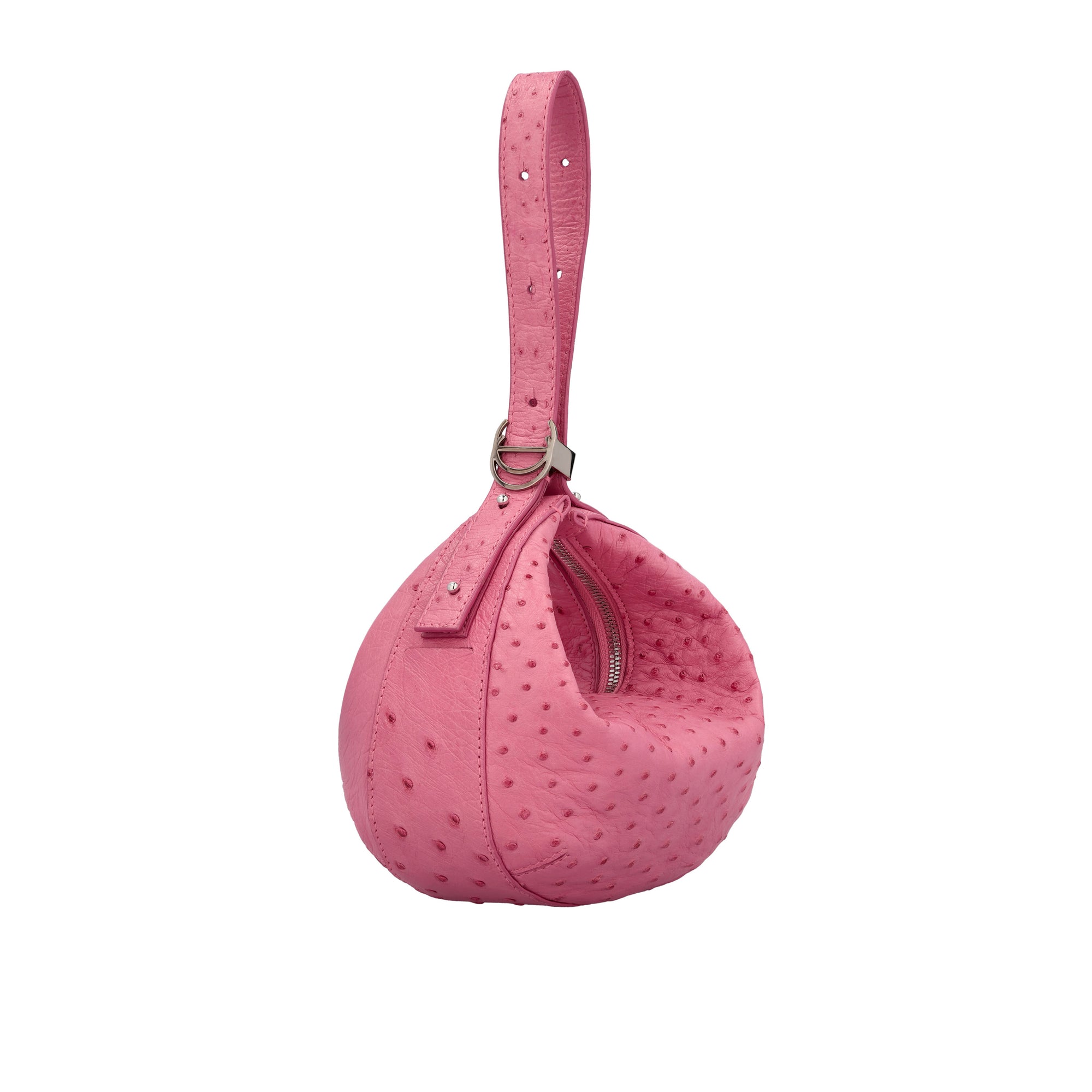 Pink handbag with a ostrich-textured pattern on a white background