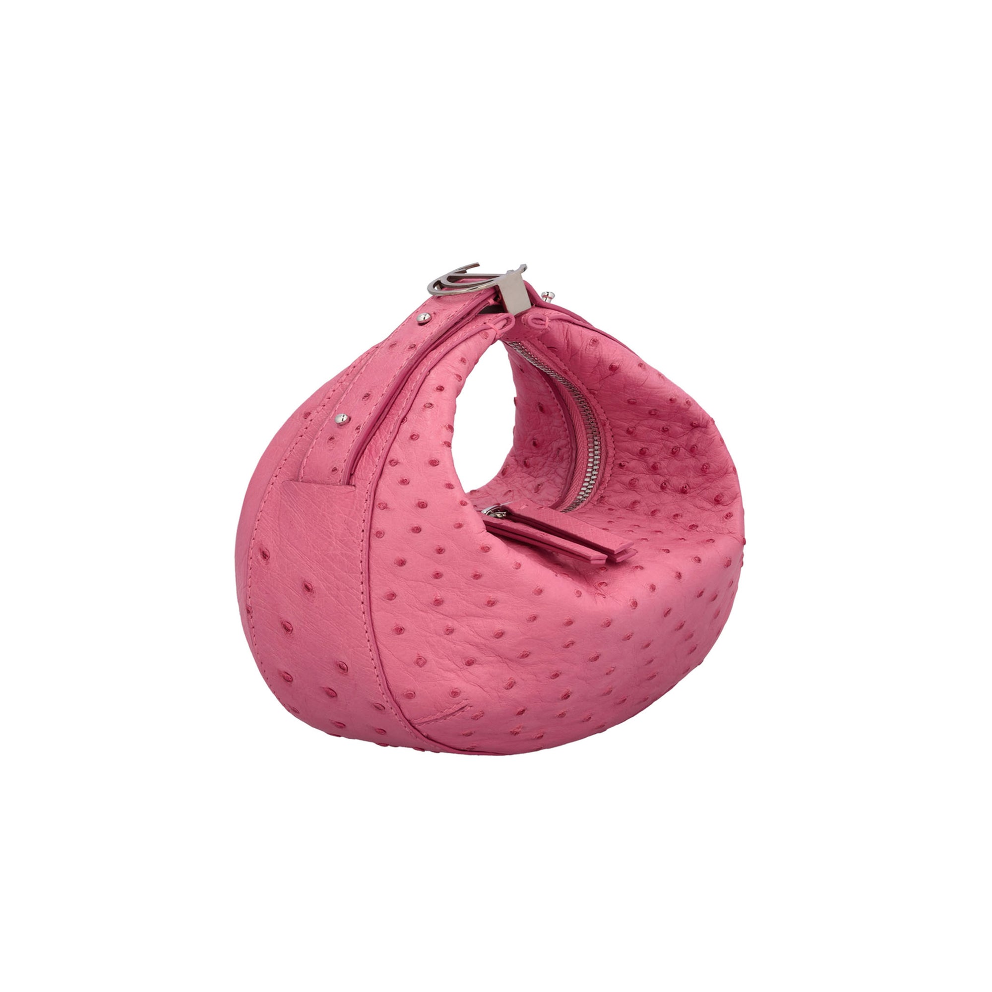Pink handbag with a ostrich-textured pattern on a white background