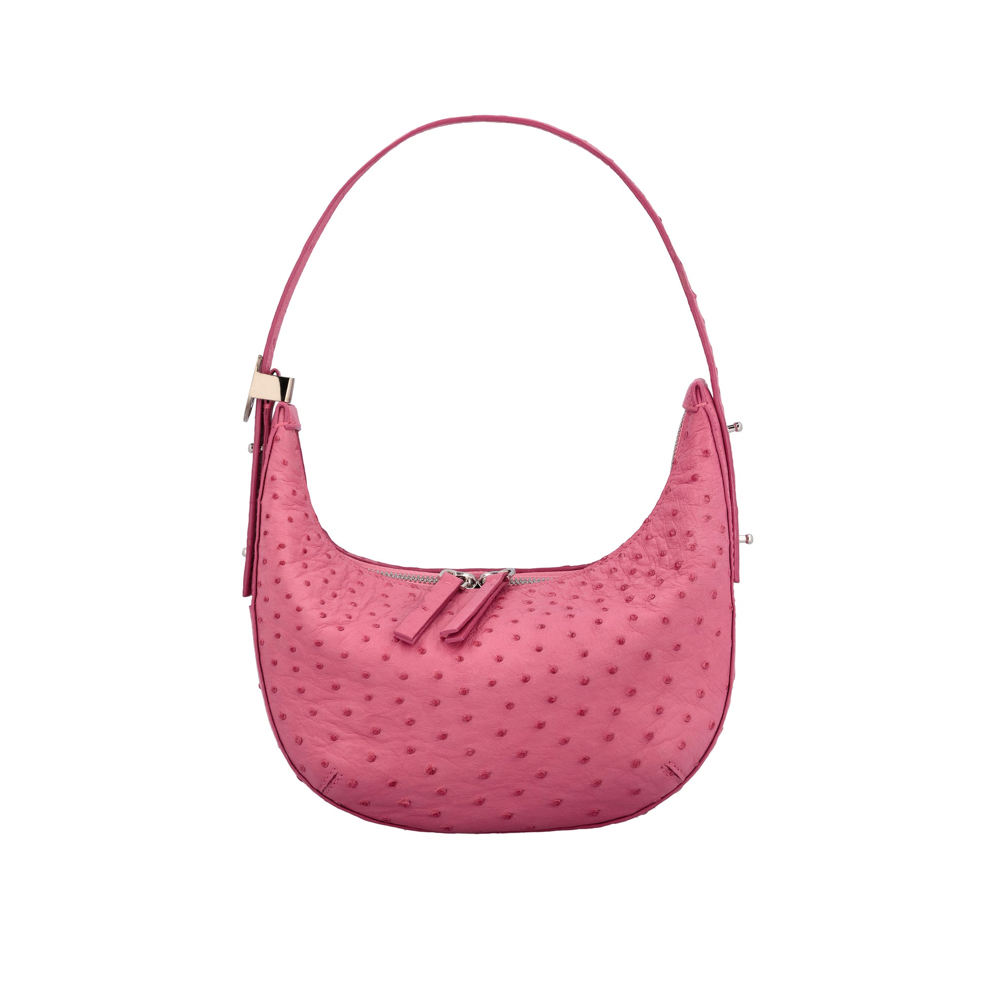 Pink handbag with a ostrich-textured pattern on a white background
