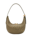 Beige ostrich-patterned handbag on a white background