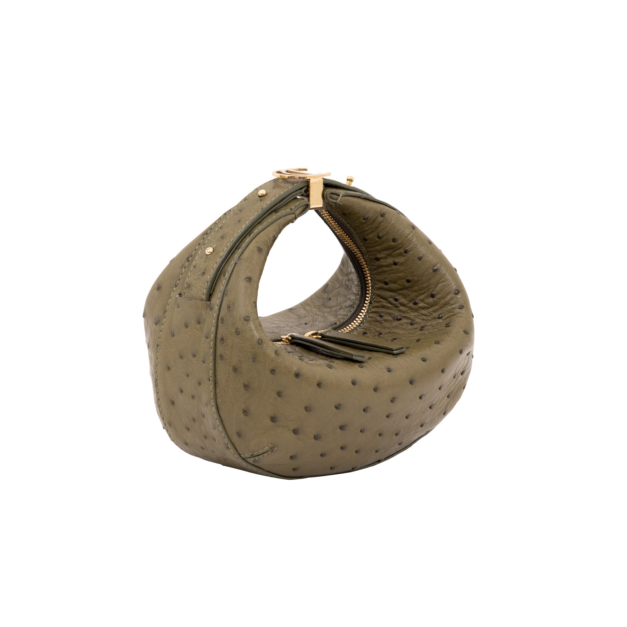 Green ostrich-handbag with gold accents on a white background