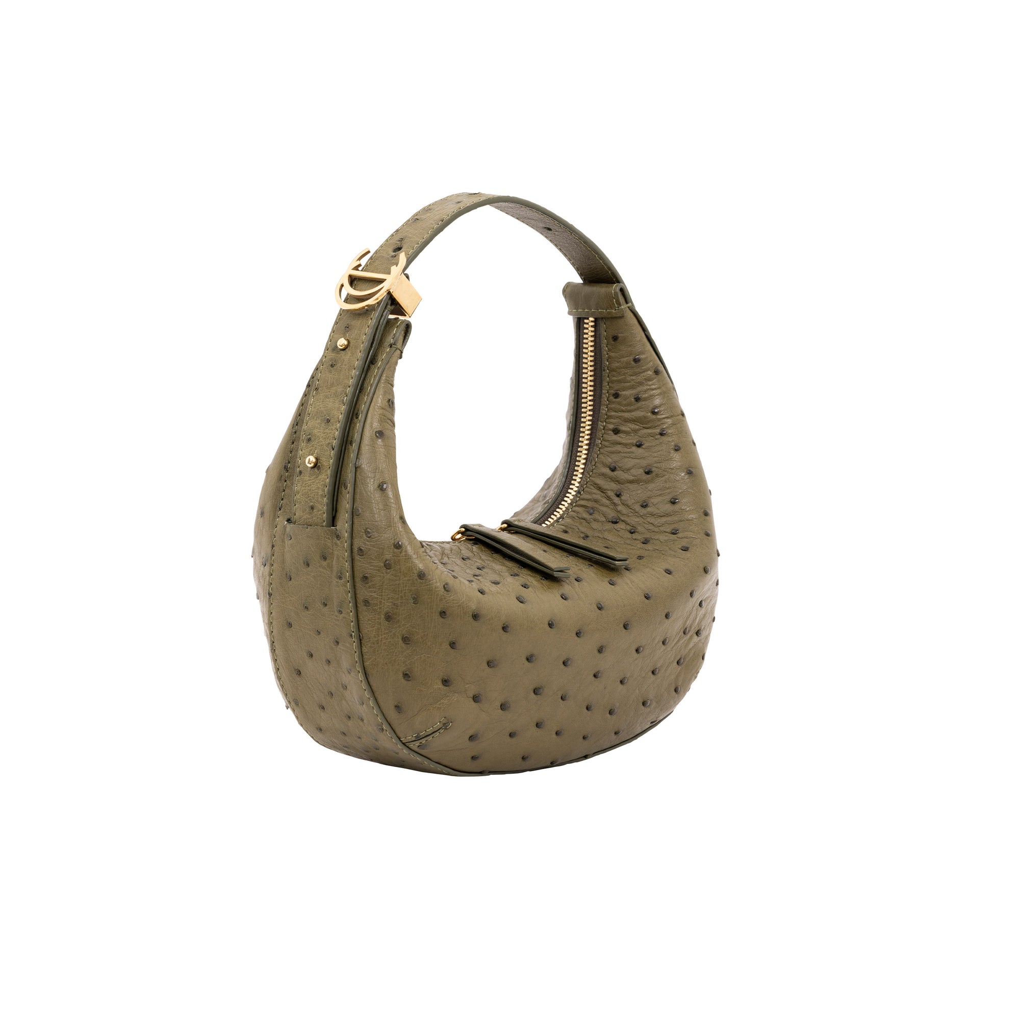 Green ostrich-handbag with a gold clasp on a white background