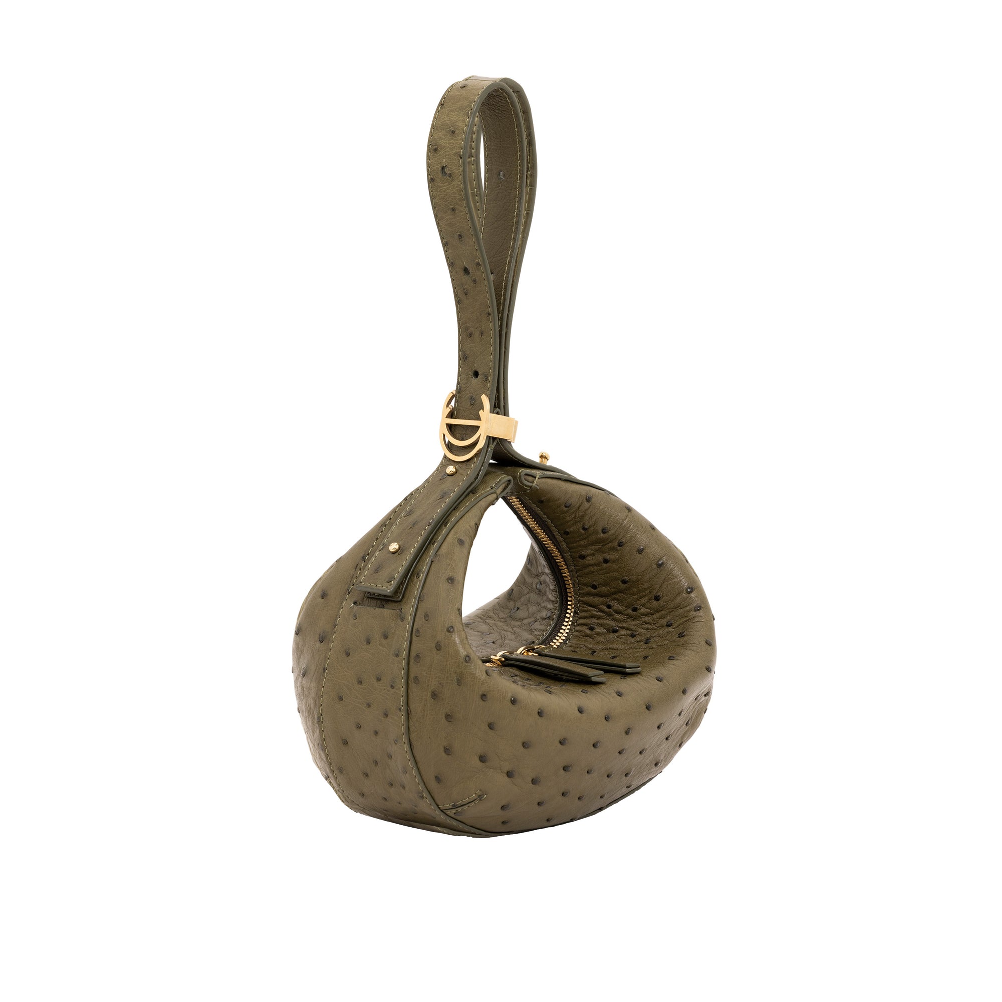 Green ostrich-handbag with a gold clasp on a white background