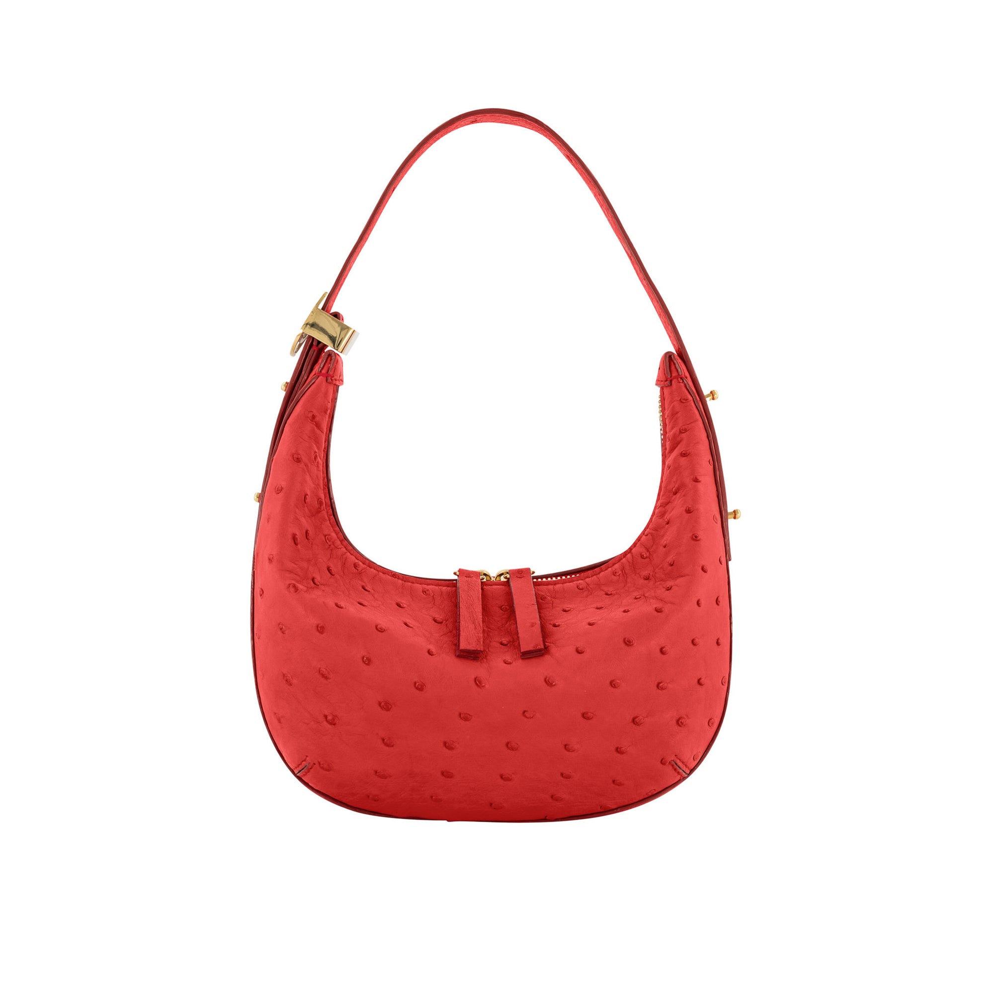 Red ostrich-textured handbag with gold zipper on a white background