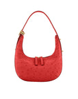 Red ostrich-textured handbag with gold zipper on a white background