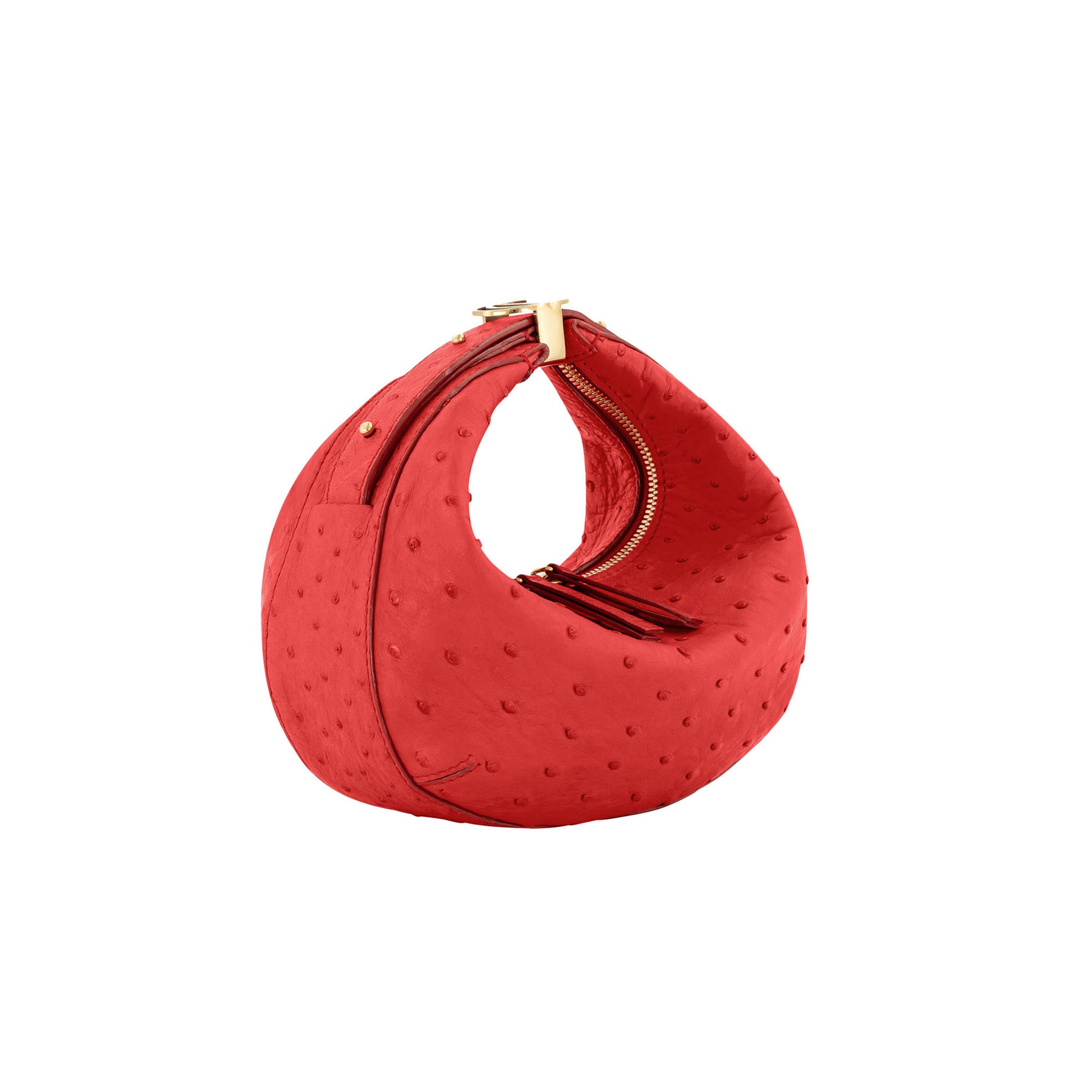 Red ostrich-textured handbag with gold zipper on a white background