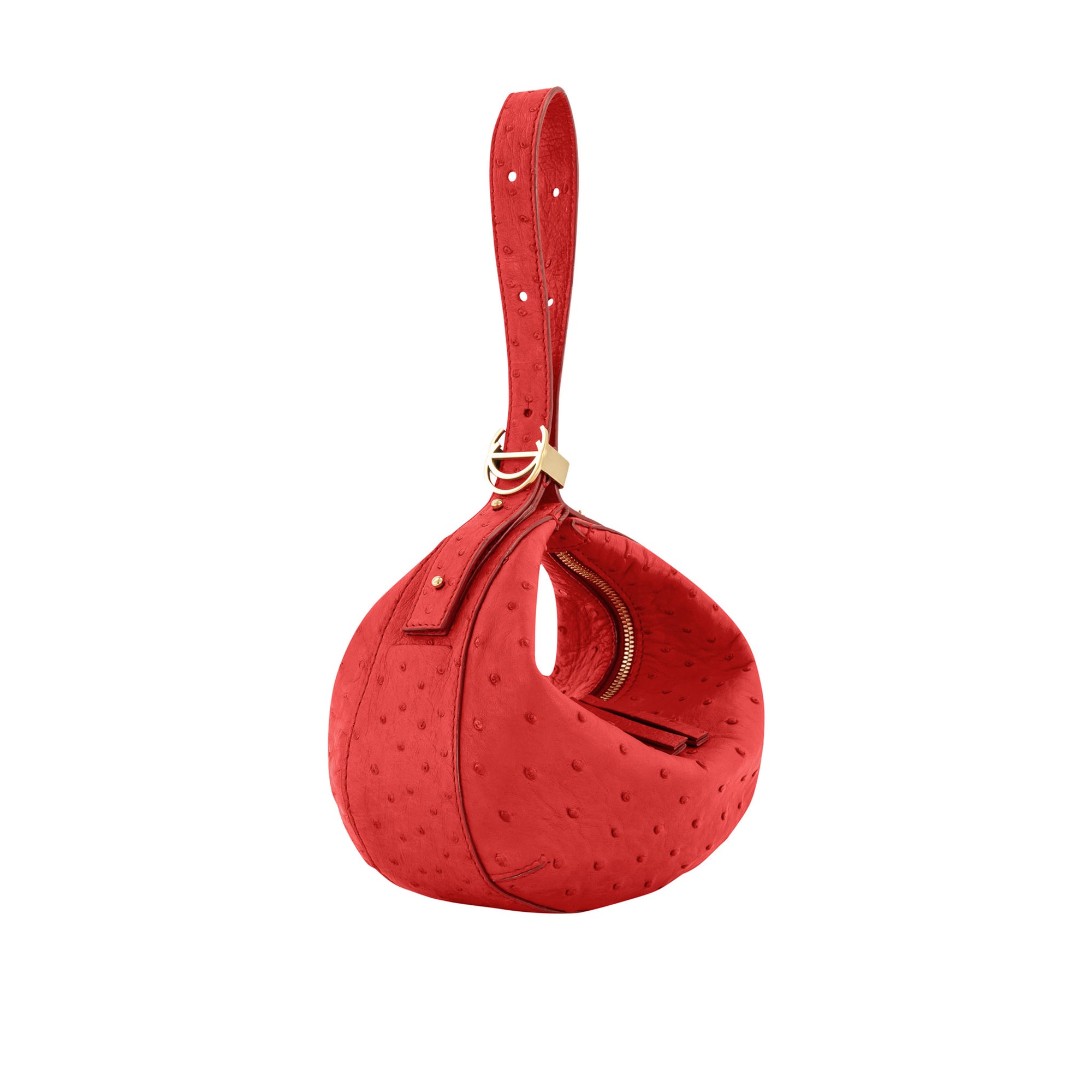 Red ostrich-textured handbag with gold zipper on a white background