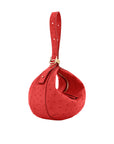 Red ostrich-textured handbag with gold zipper on a white background