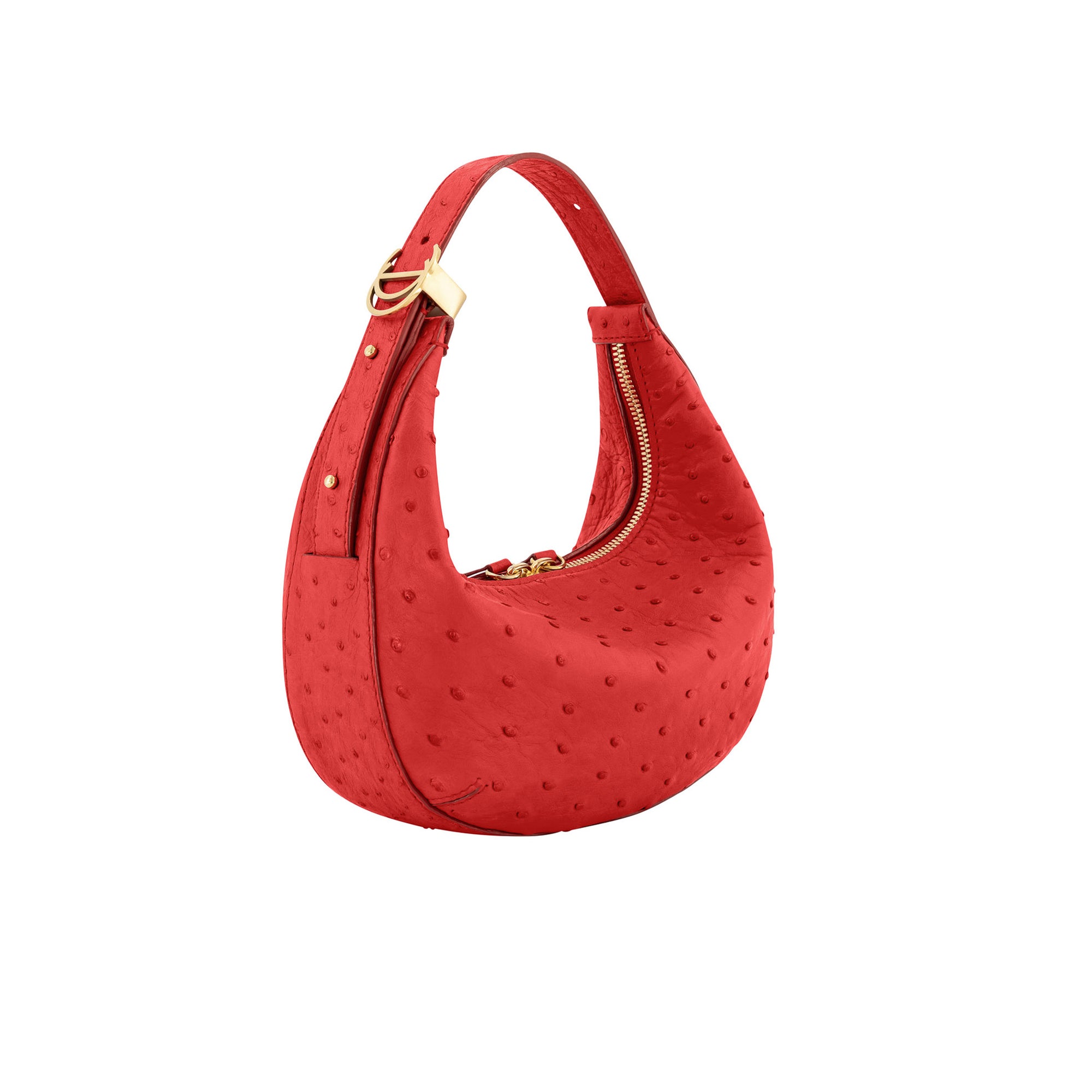 Red ostrich-textured handbag with gold zipper on a white background