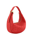 Red ostrich-textured handbag with gold zipper on a white background