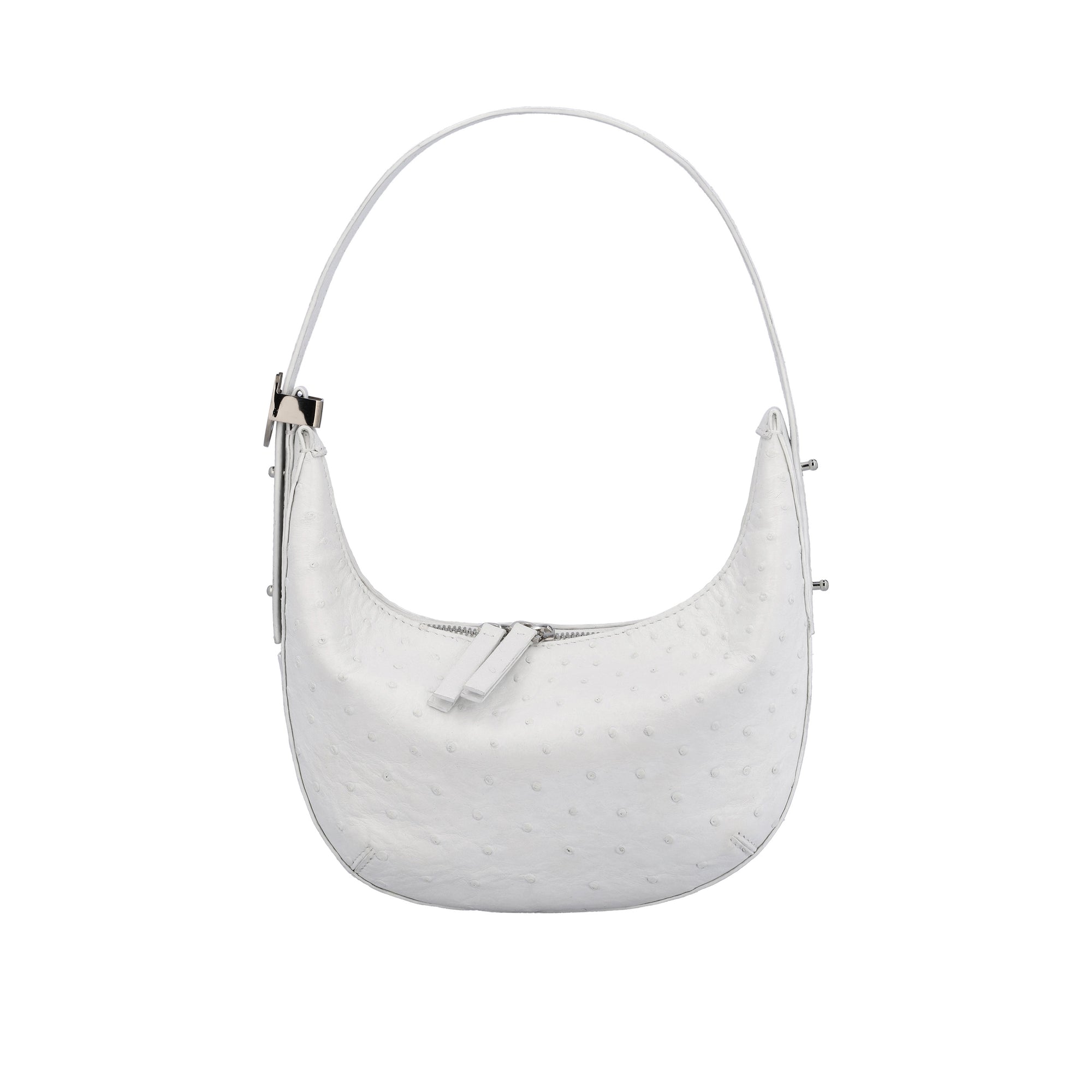 White handbag with ostrich-textured pattern on a white background