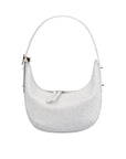 White handbag with ostrich-textured pattern on a white background