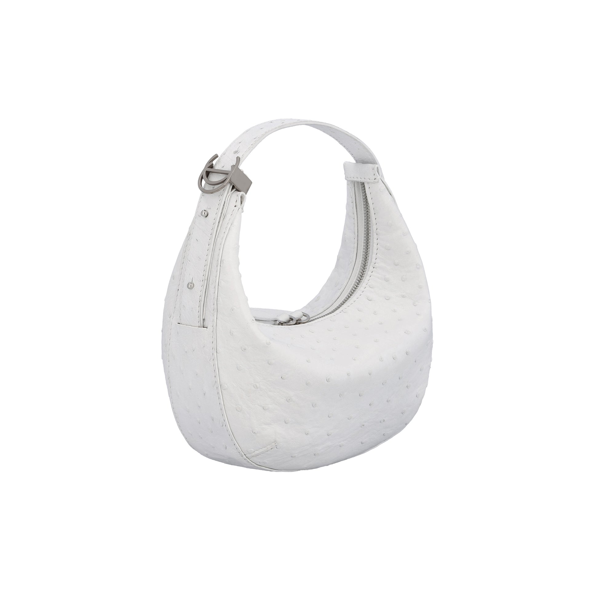 White handbag with ostrich-textured pattern on a white background