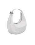 White handbag with ostrich-textured pattern on a white background