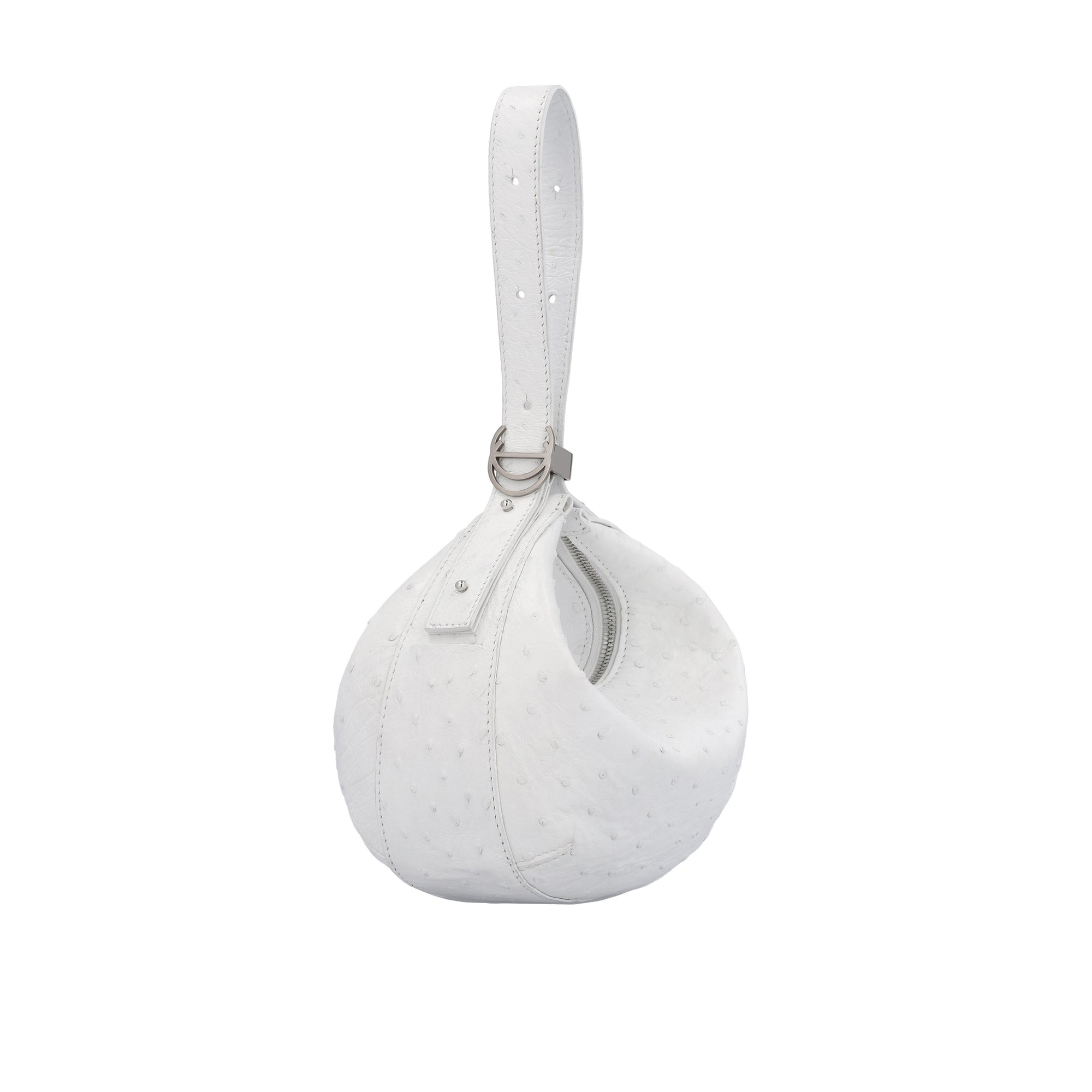 White handbag with ostrich-textured pattern on a white background
