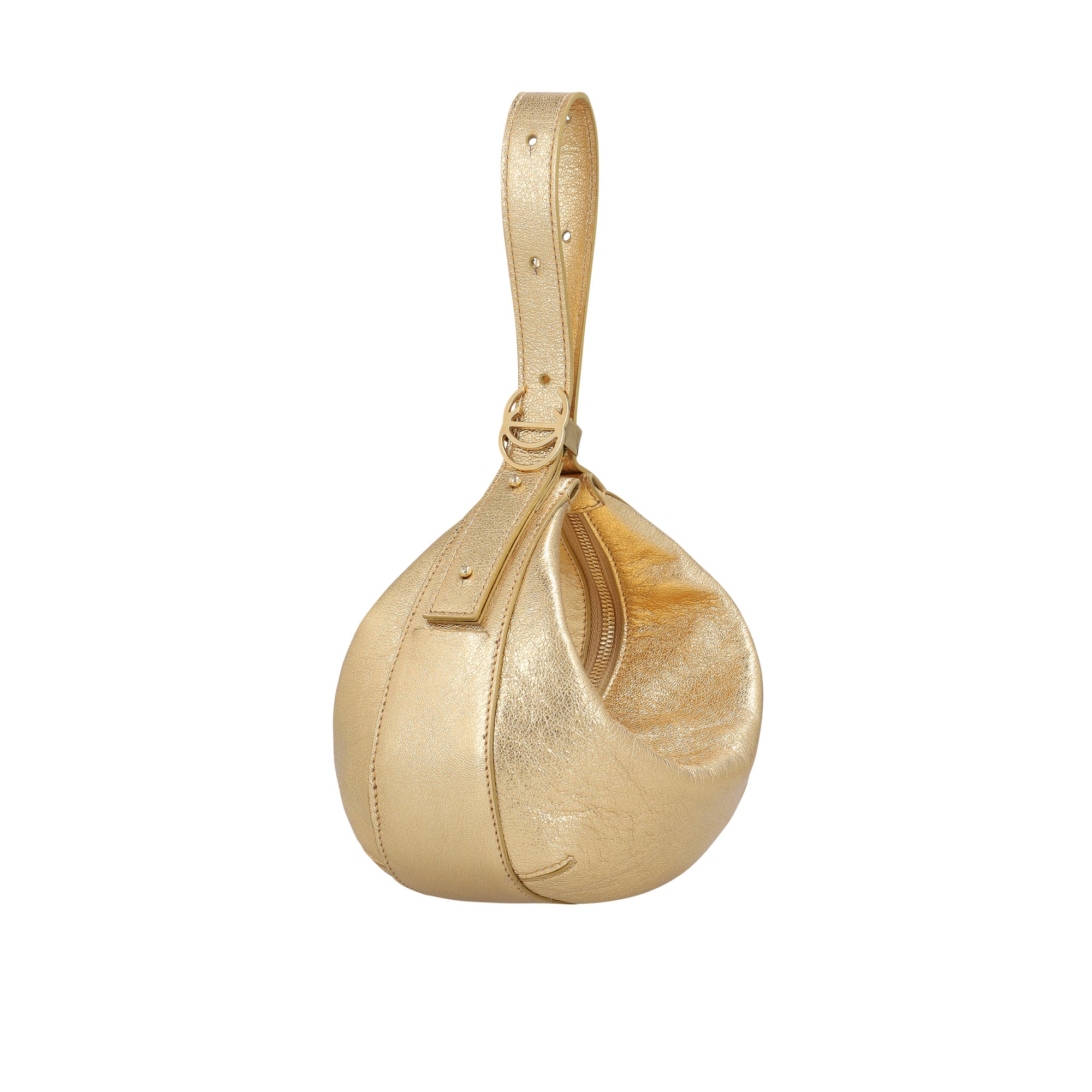 Gold leather handbag with a handle on a white background