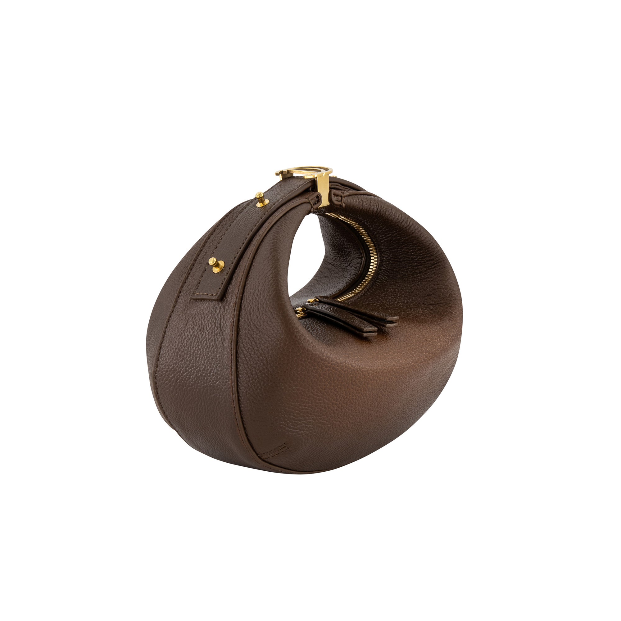 Dark brown leather handbag with gold accents on a white background