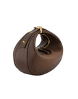 Dark brown leather handbag with gold accents on a white background