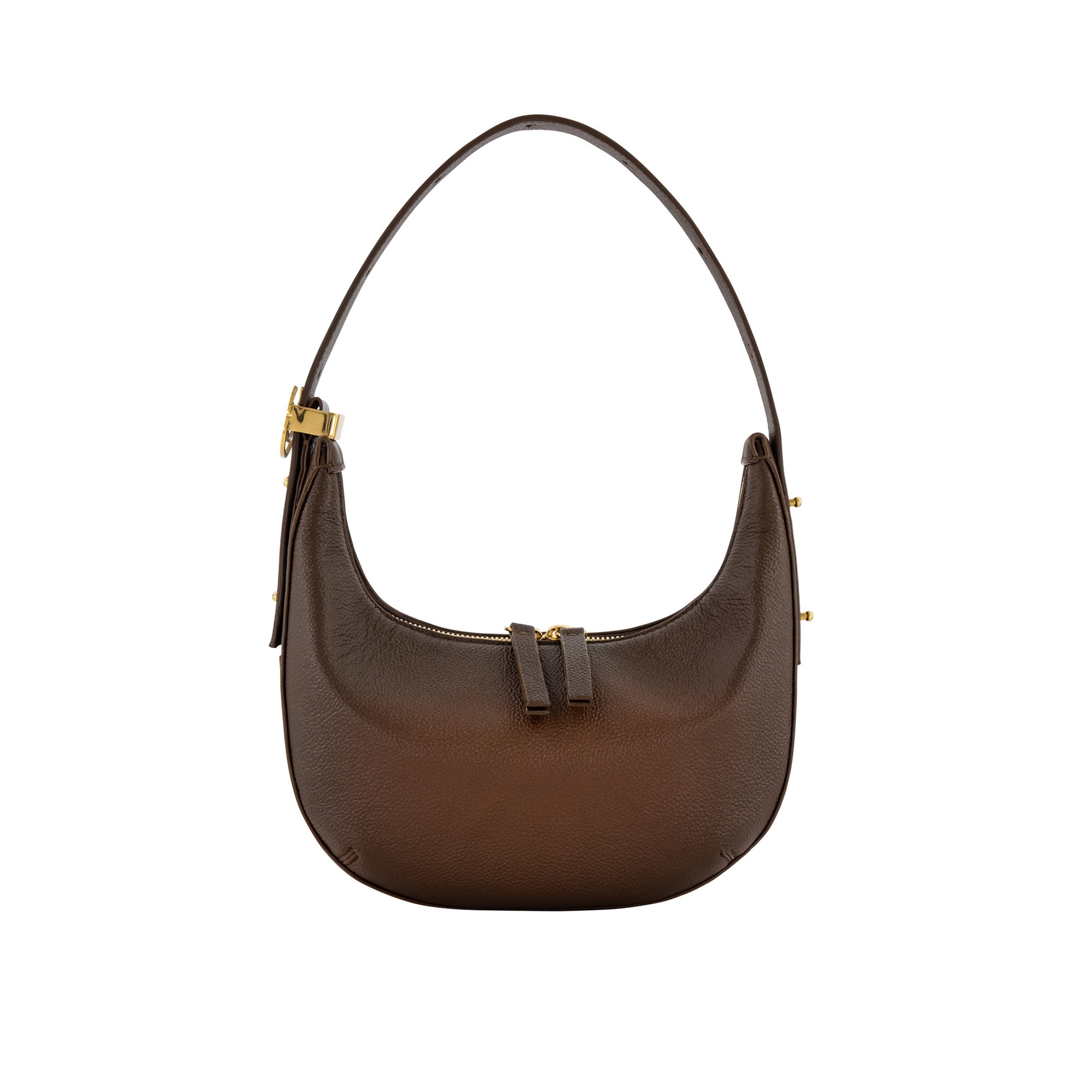 Dark brown leather handbag with gold accents on a white background