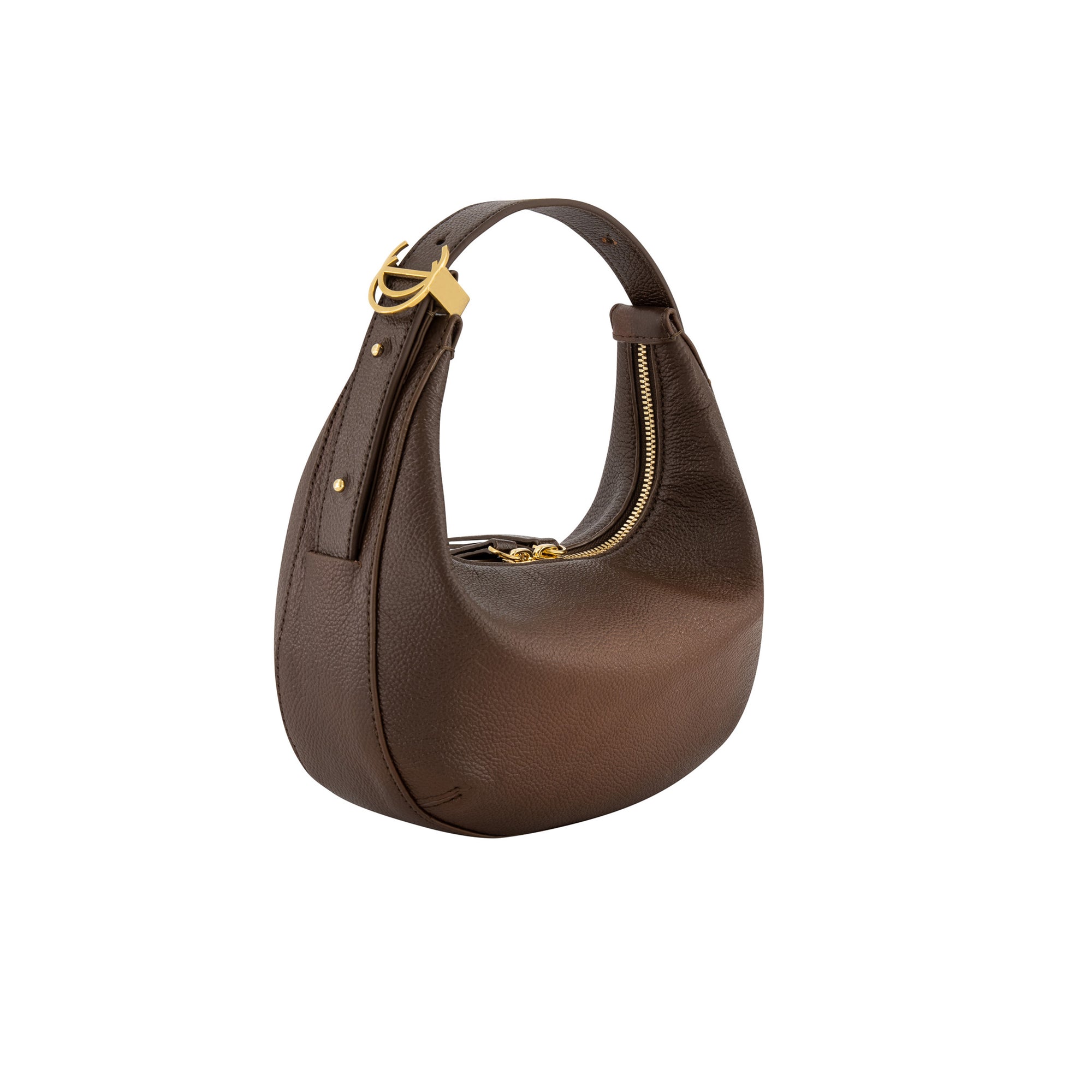 Dark brown leather handbag with gold accents on a white background