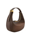 Dark brown leather handbag with gold accents on a white background