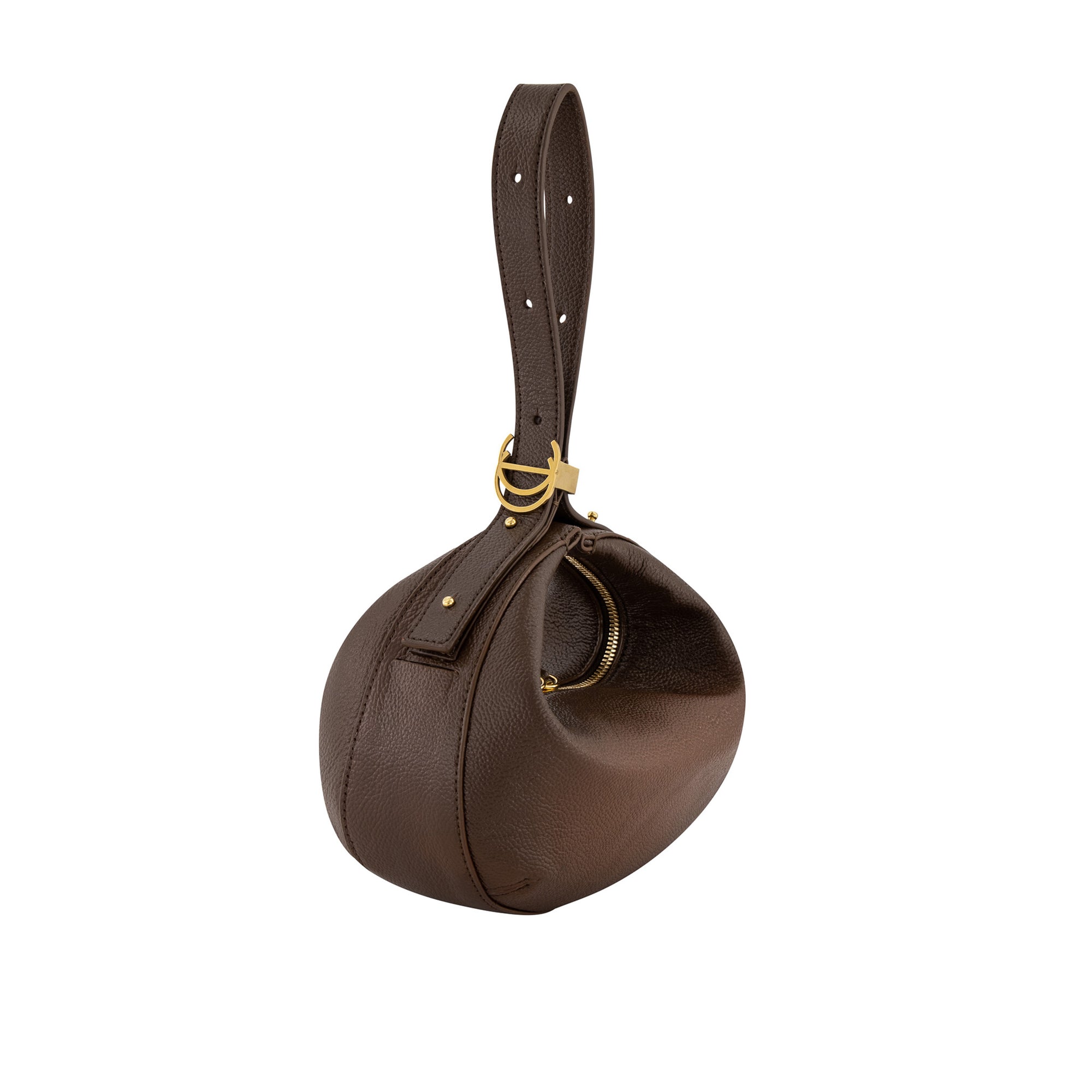 Dark brown leather handbag with gold accents on a white background