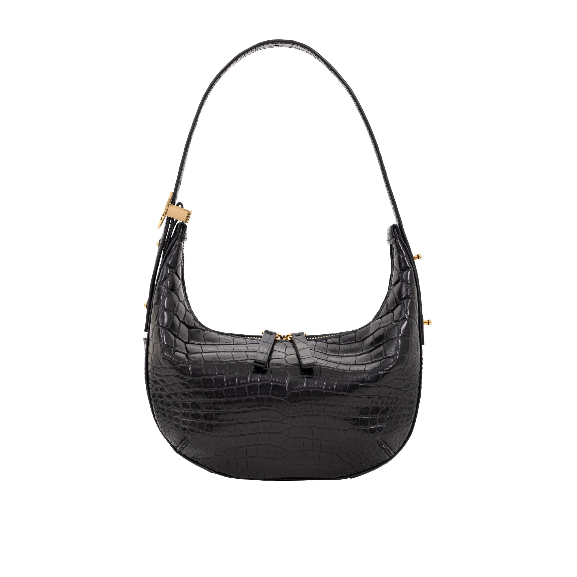 Black crocodile-patterned handbag on a white background