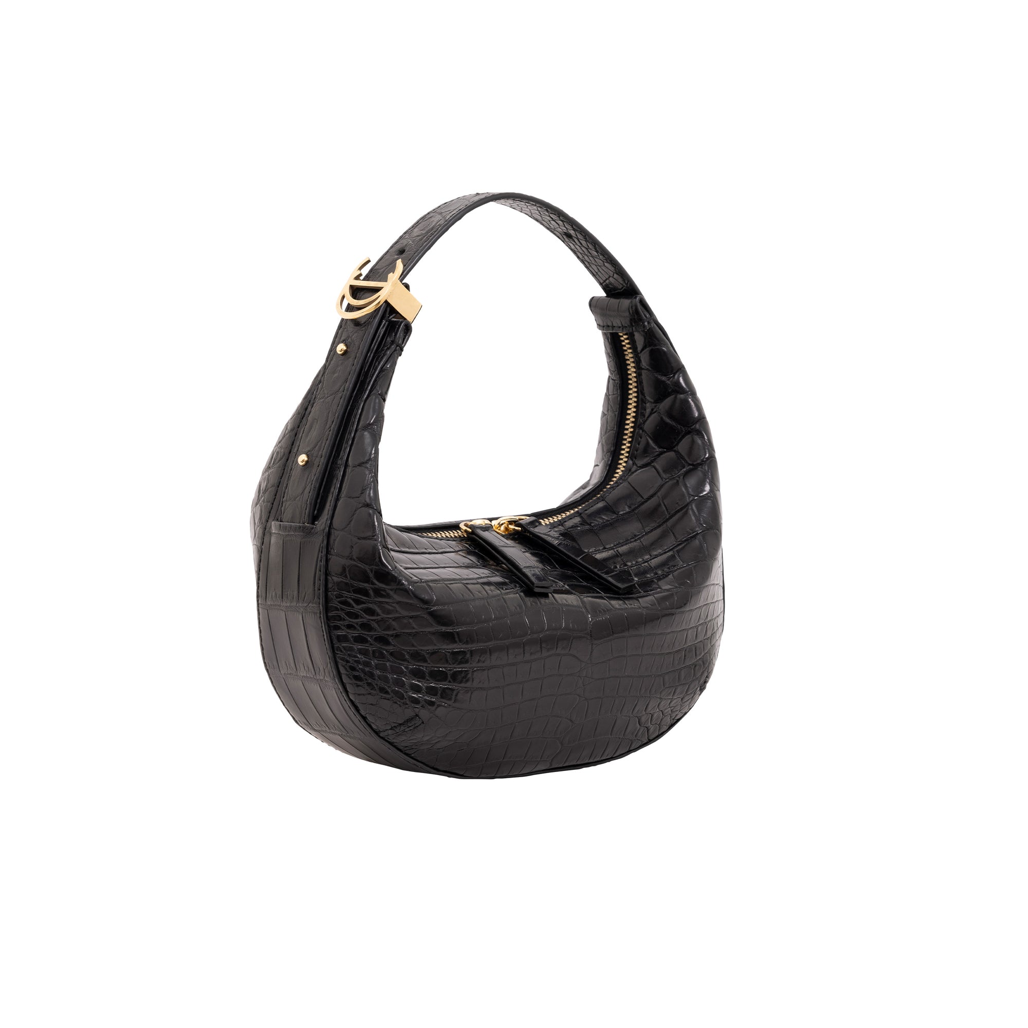 Black crocodile-patterned handbag on a white background