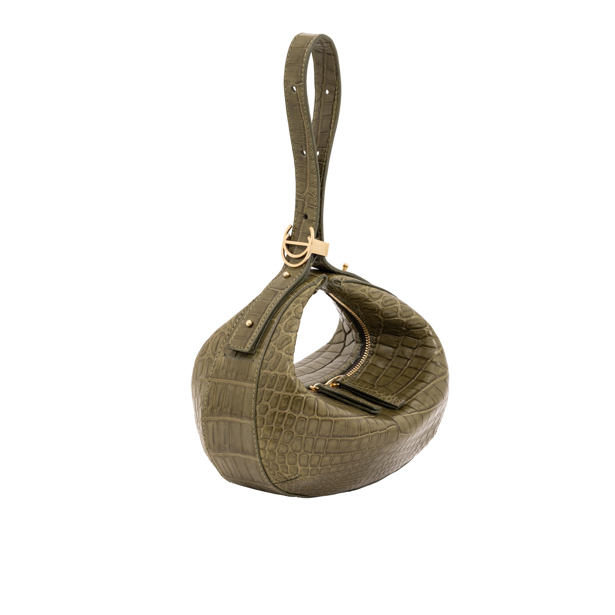 Green crocodile-patterned handbag on a white background