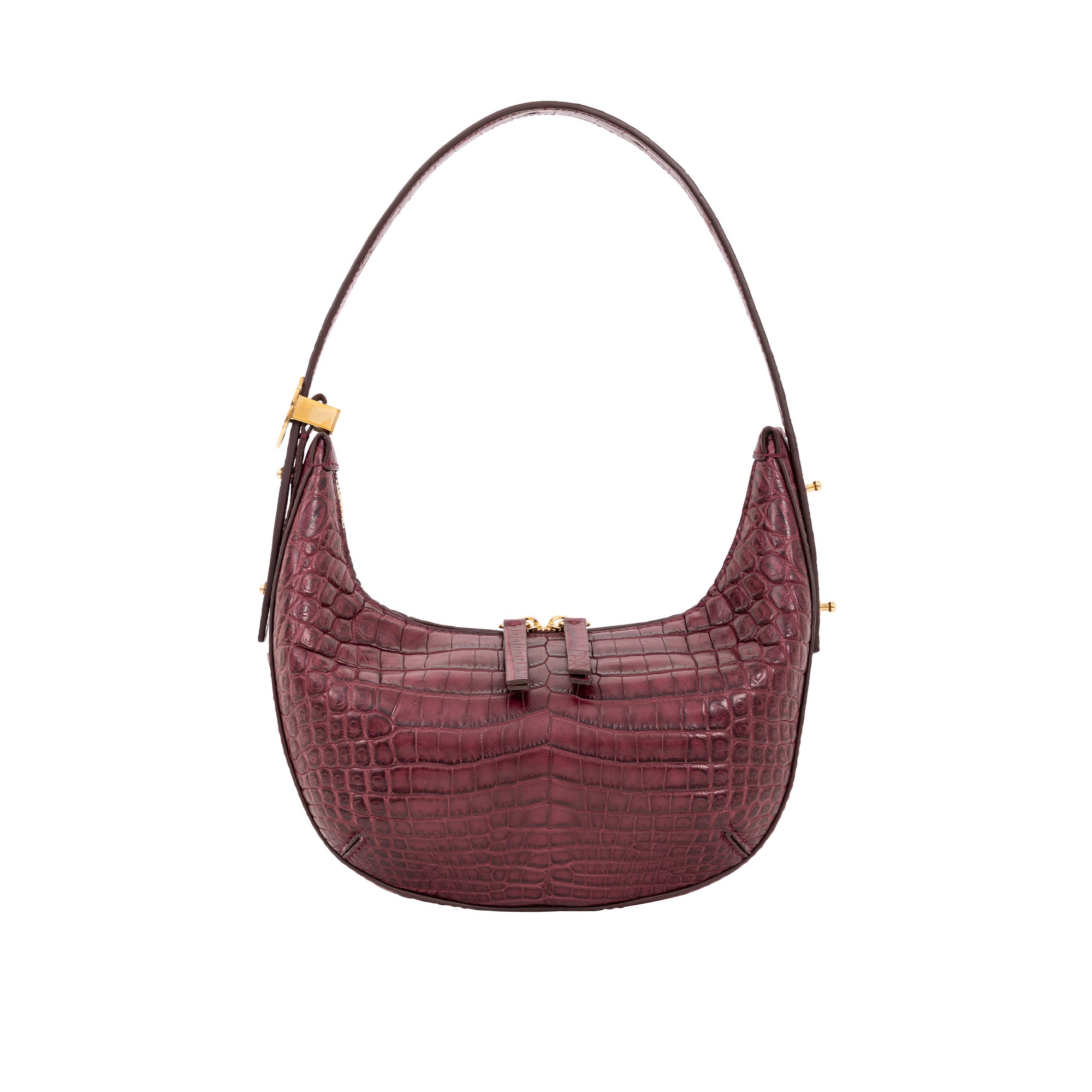 Maroon crocodile-patterned handbag with gold accents on a white background