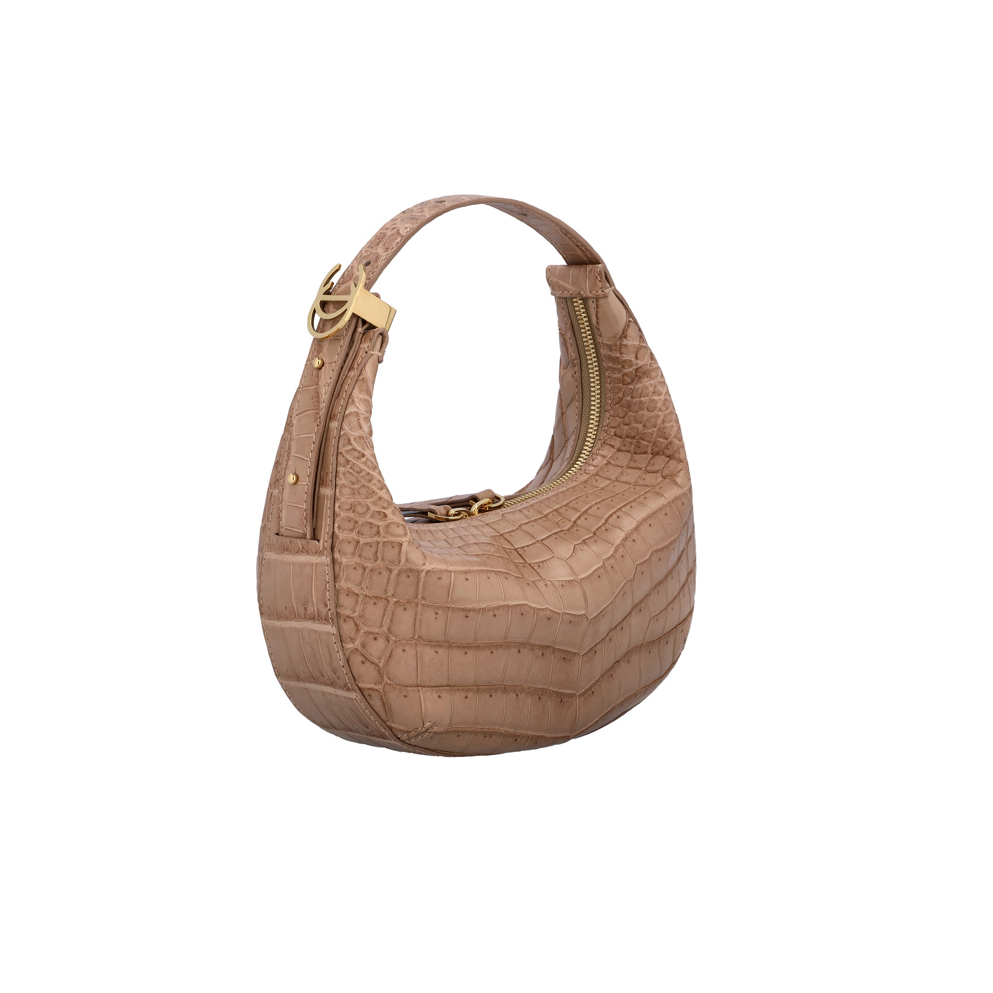 Beige handbag with crocodile texture on a white background