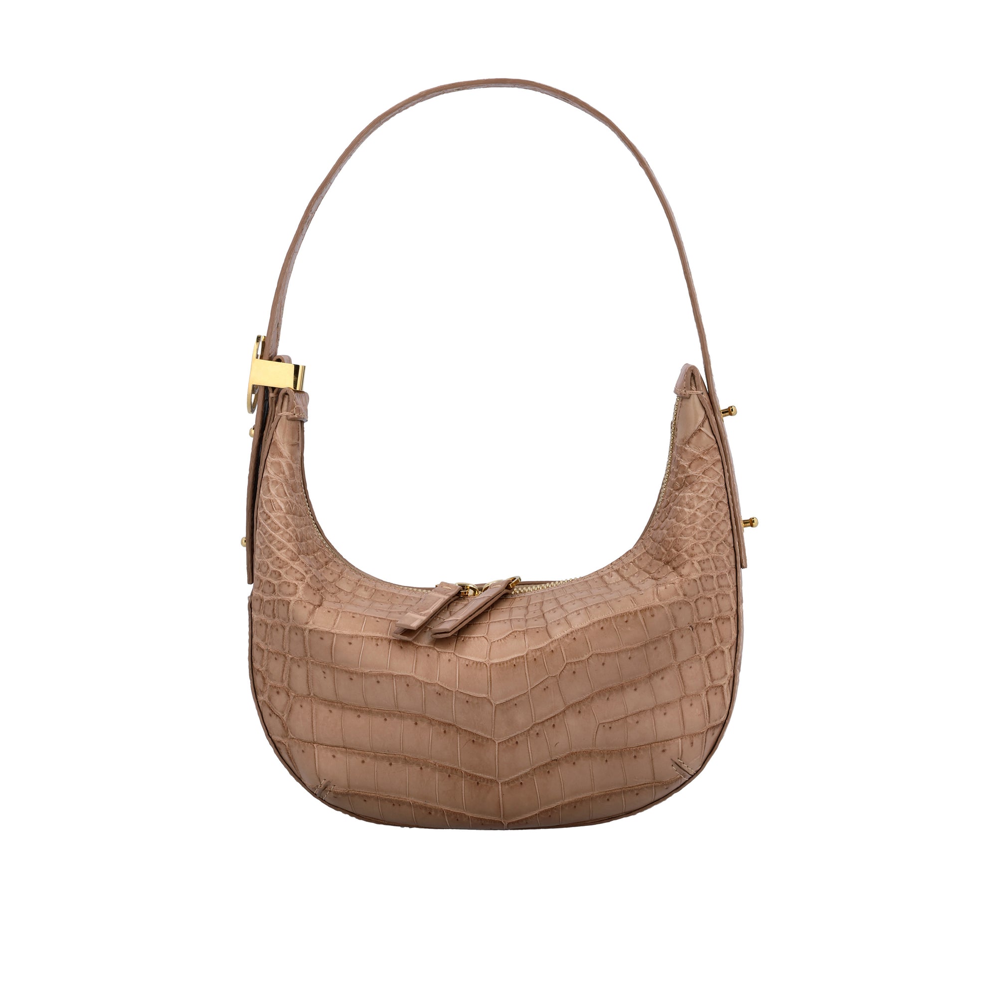 Beige handbag with crocodile texture on a white background
