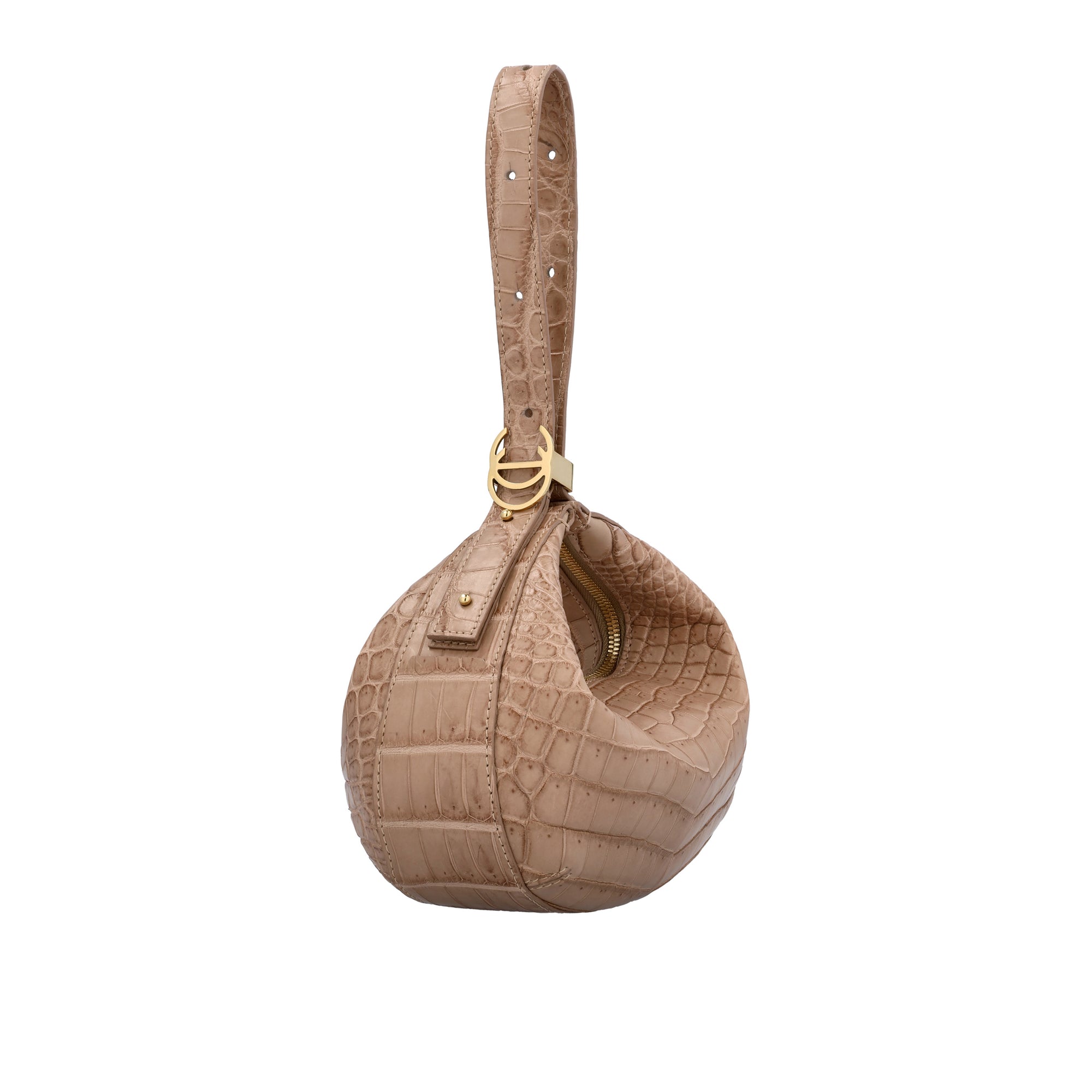 Beige handbag with crocodile texture on a white background