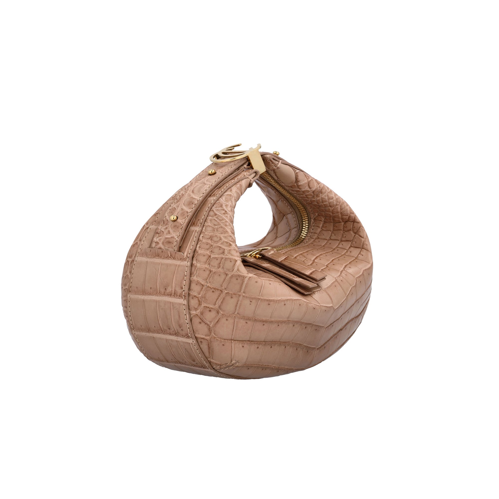 Beige handbag with crocodile texture on a white background