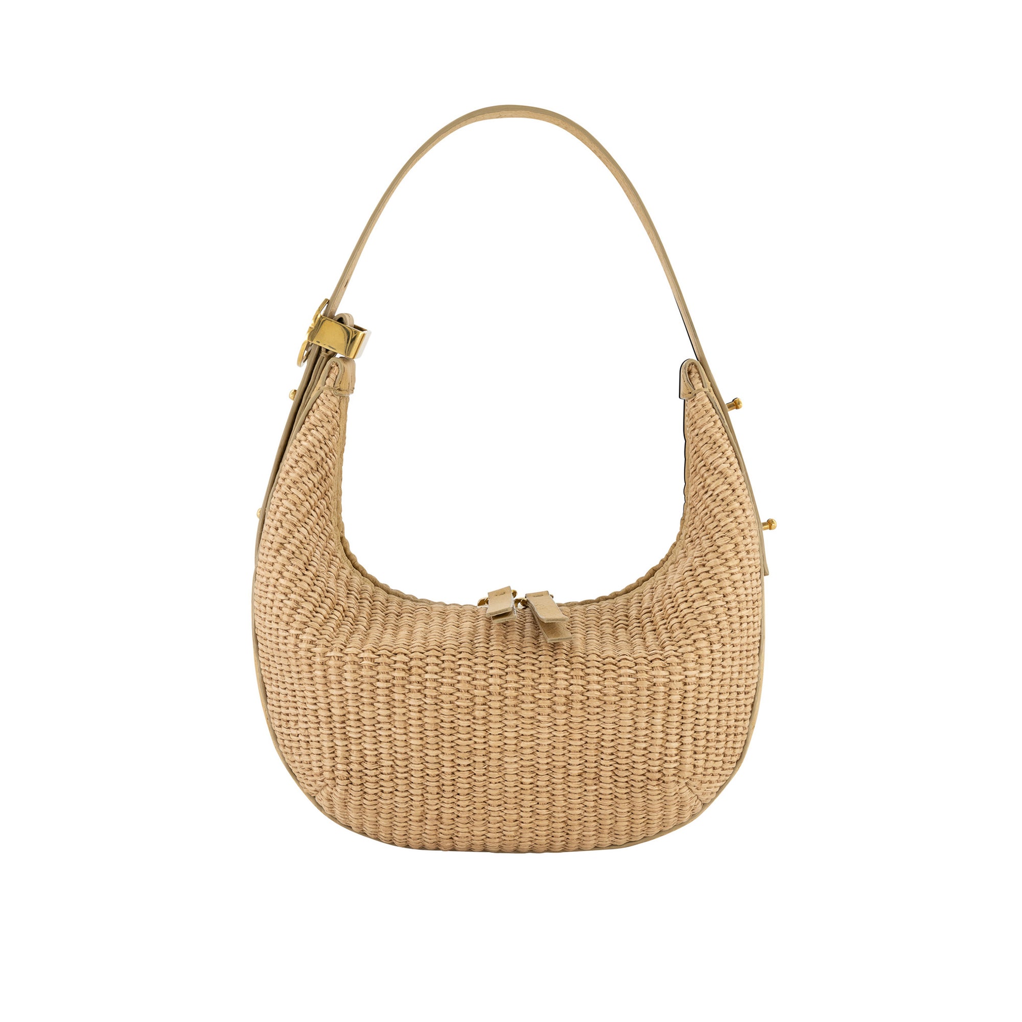 Beige woven handbag on a white background