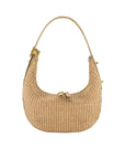 Beige woven handbag on a white background