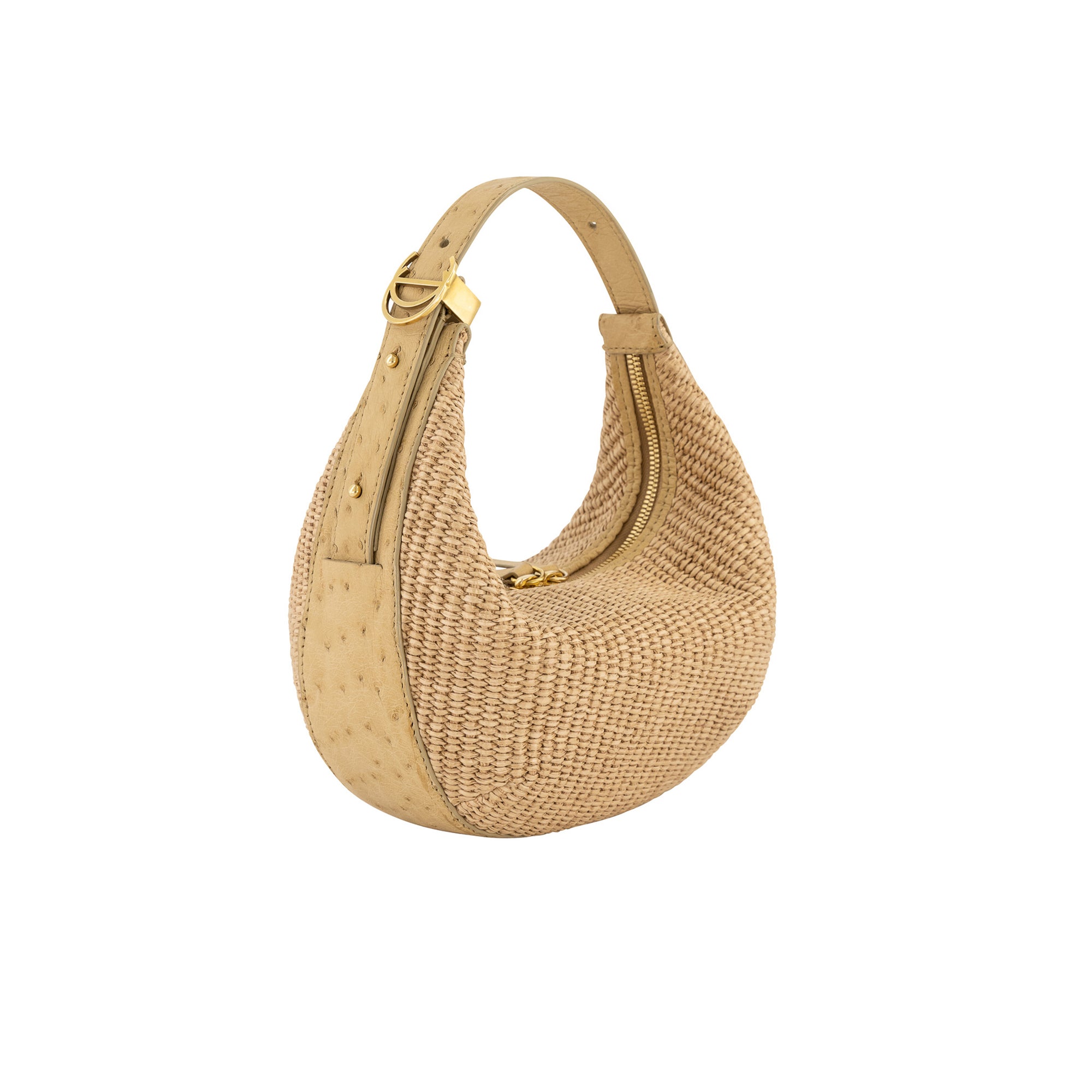 Beige woven handbag on a white background
