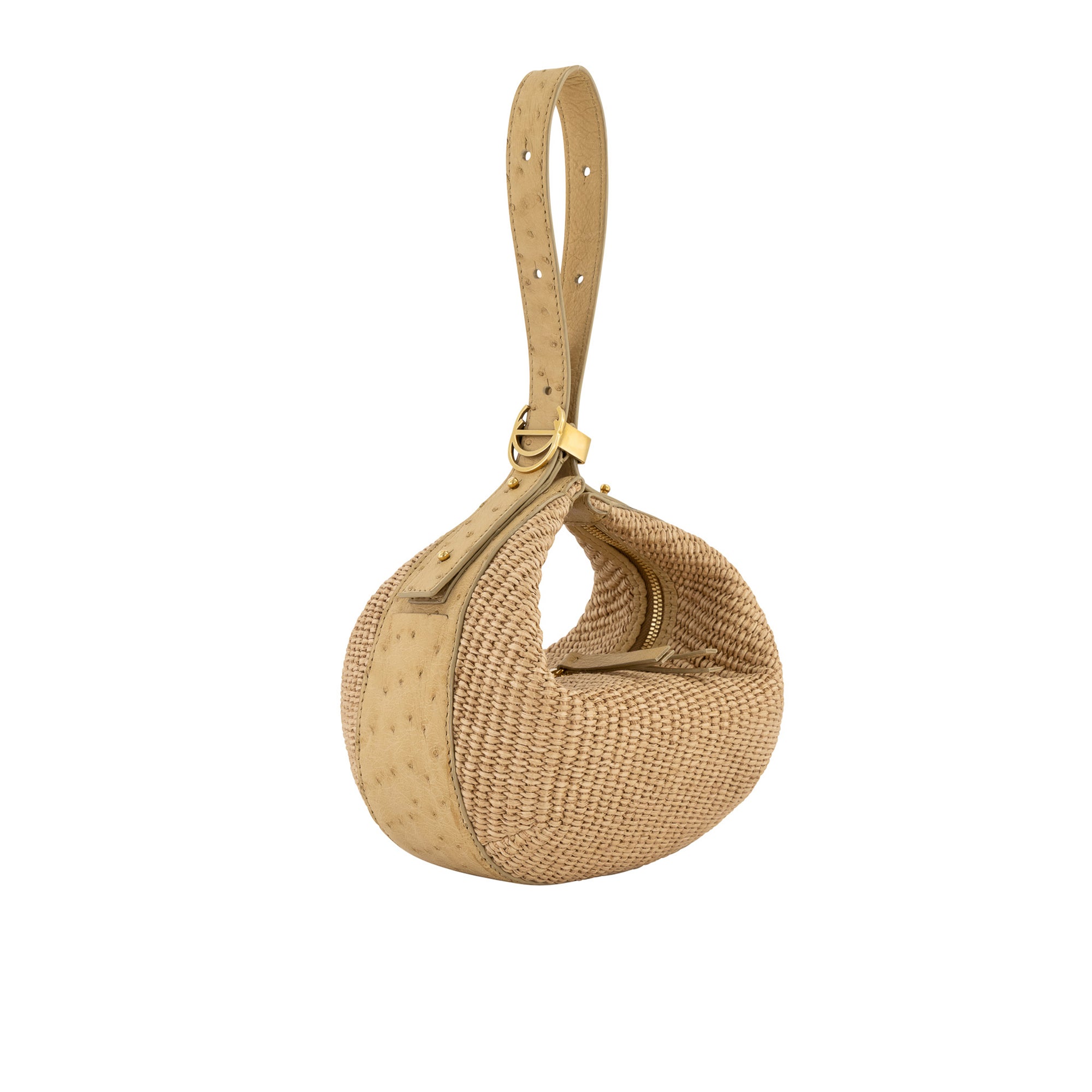 Beige woven handbag on a white background