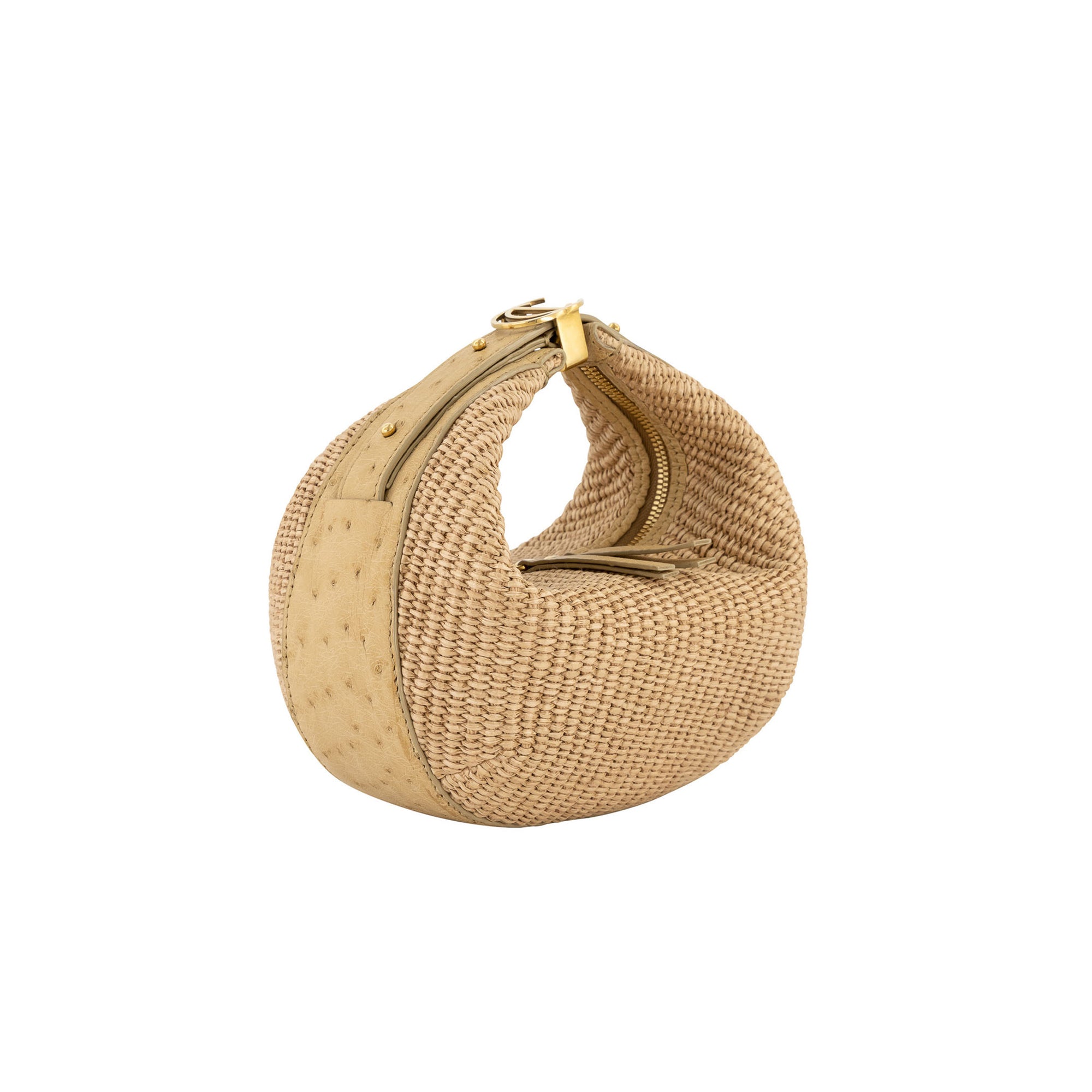 Beige woven handbag on a white background