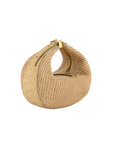 Beige woven handbag on a white background