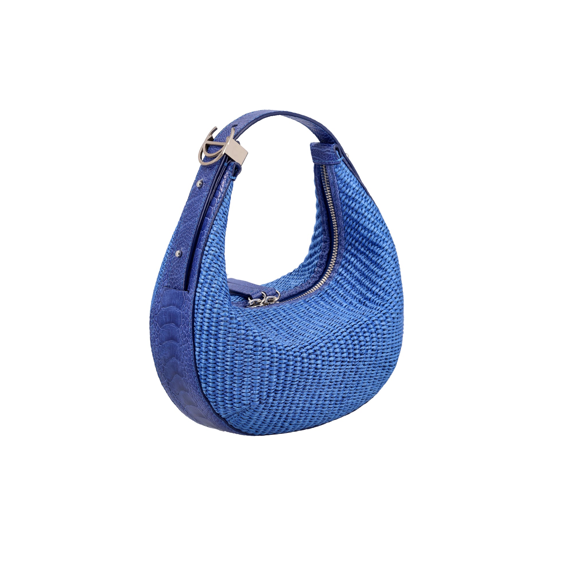 Blue woven handbag on a white background